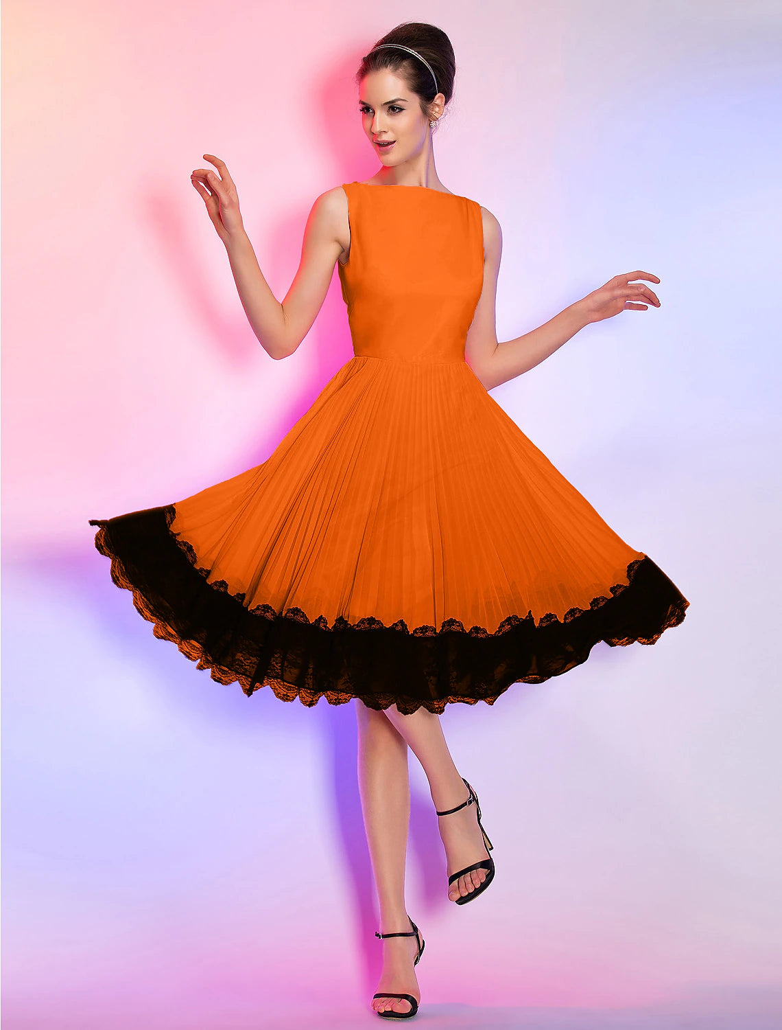 A-Line Vintage Dress Homecoming Graduation Knee Length Sleeveless Boat Neck Pink Dress Chiffon with Lace