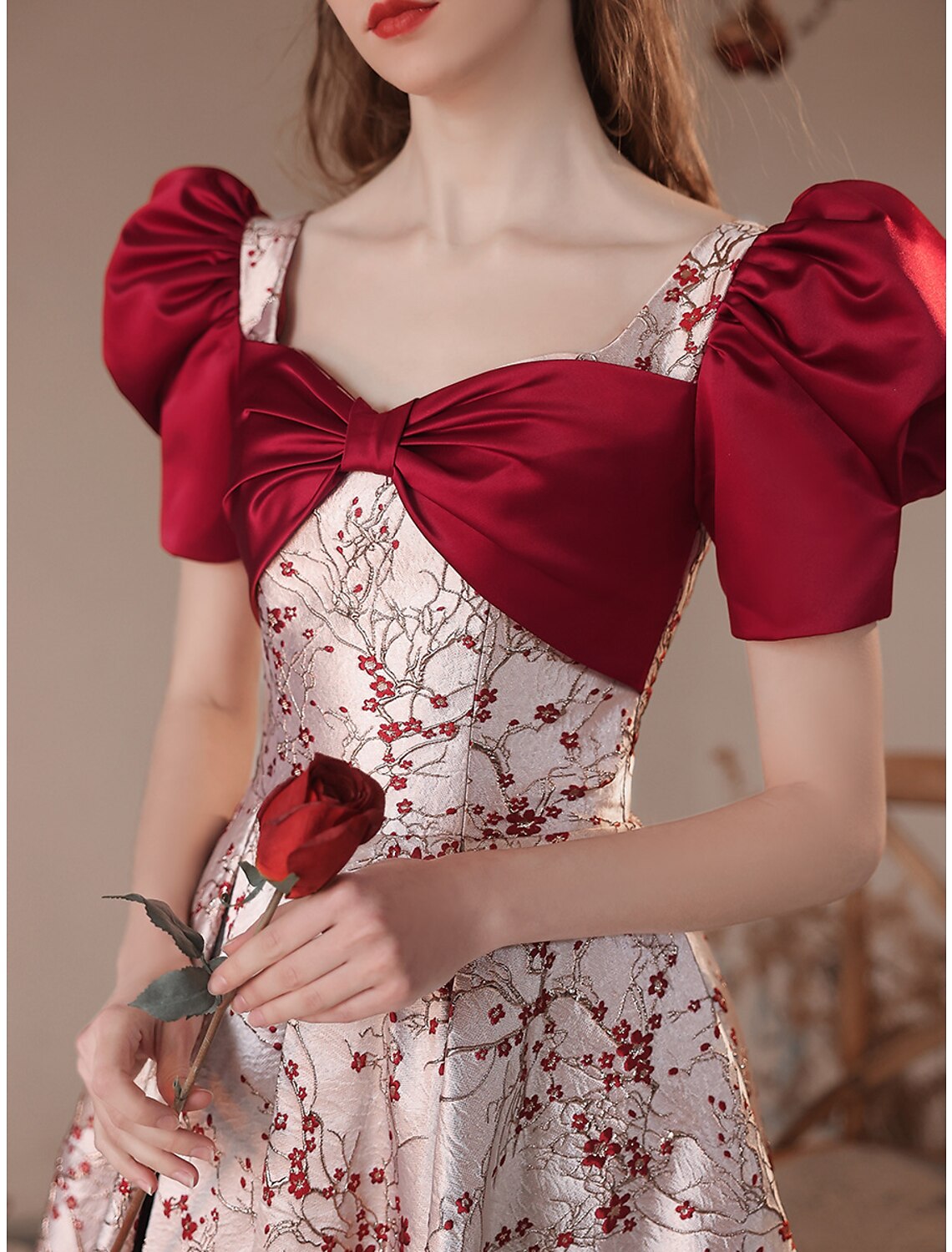 A-Line Party Dresses Floral Dress Masquerade Prom Floor Length Short Sleeve Square Neck Satin with Embroidery