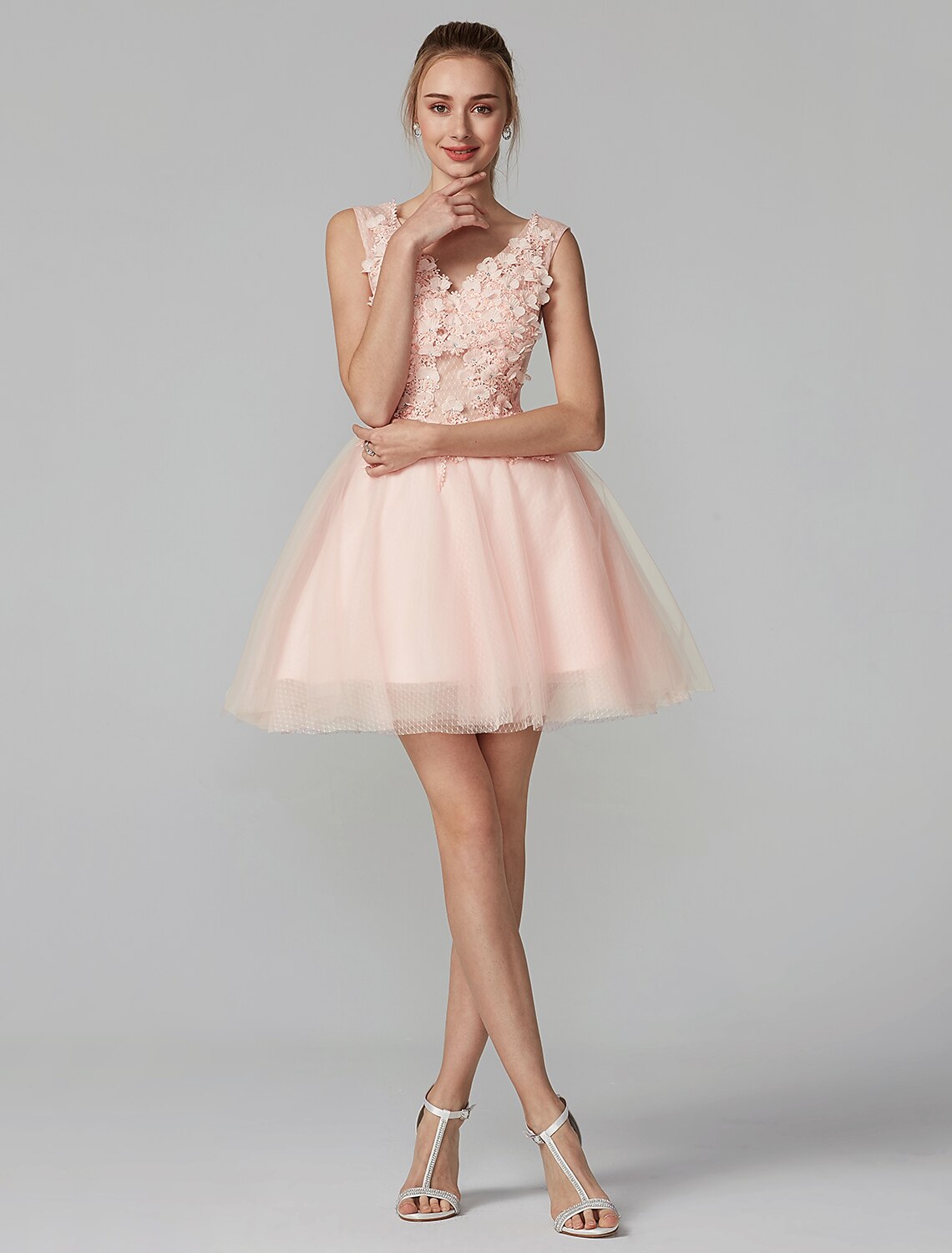 A-Line Party Dress Homecoming Graduation Short / Mini Sleeveless V Neck Lace Over Tulle with Crystals Appliques