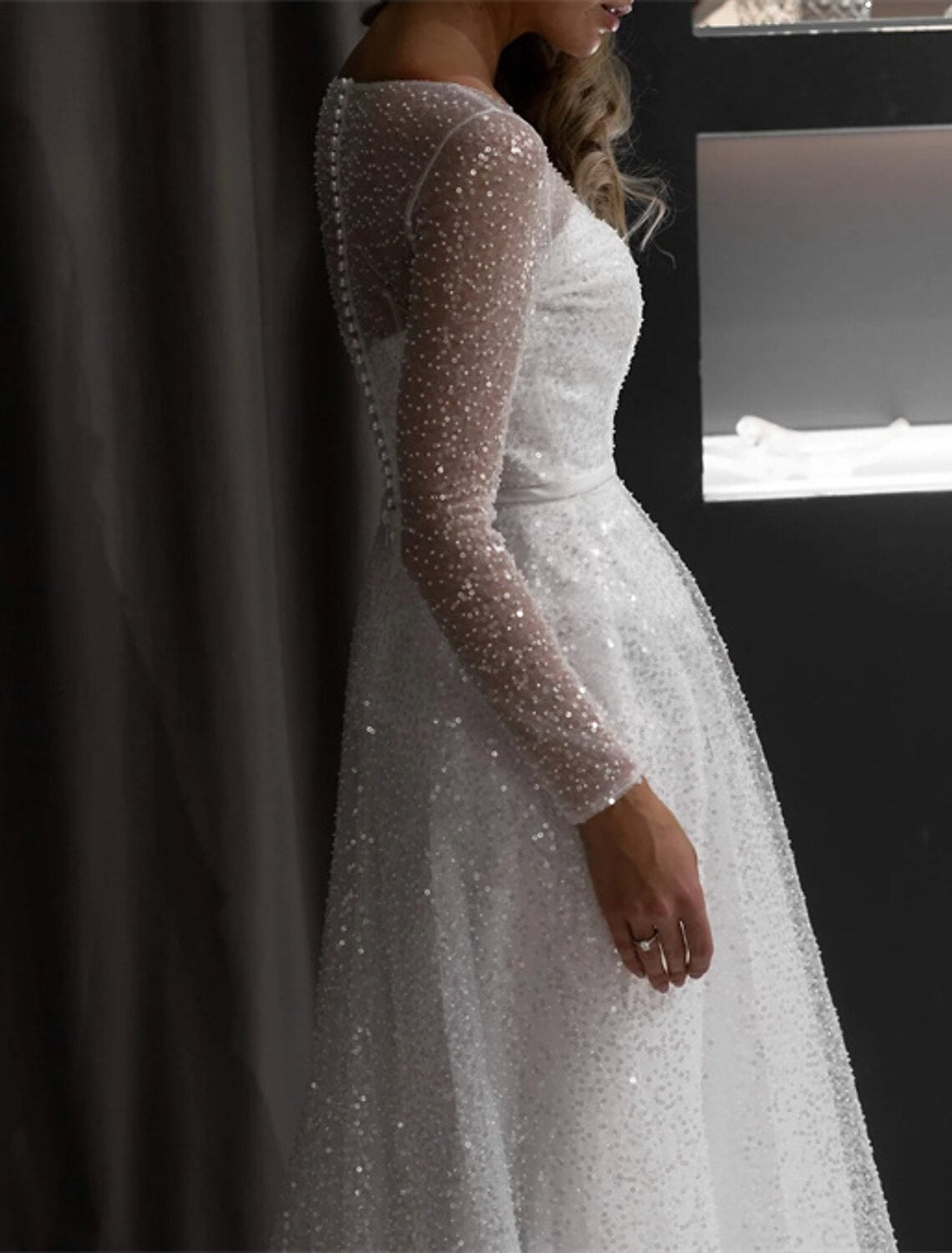 A-Line Evening Gown Sparkle & Shine Dress Wedding Court Train Long Sleeve Jewel Neck Fall Wedding Reception Sequined with Glitter