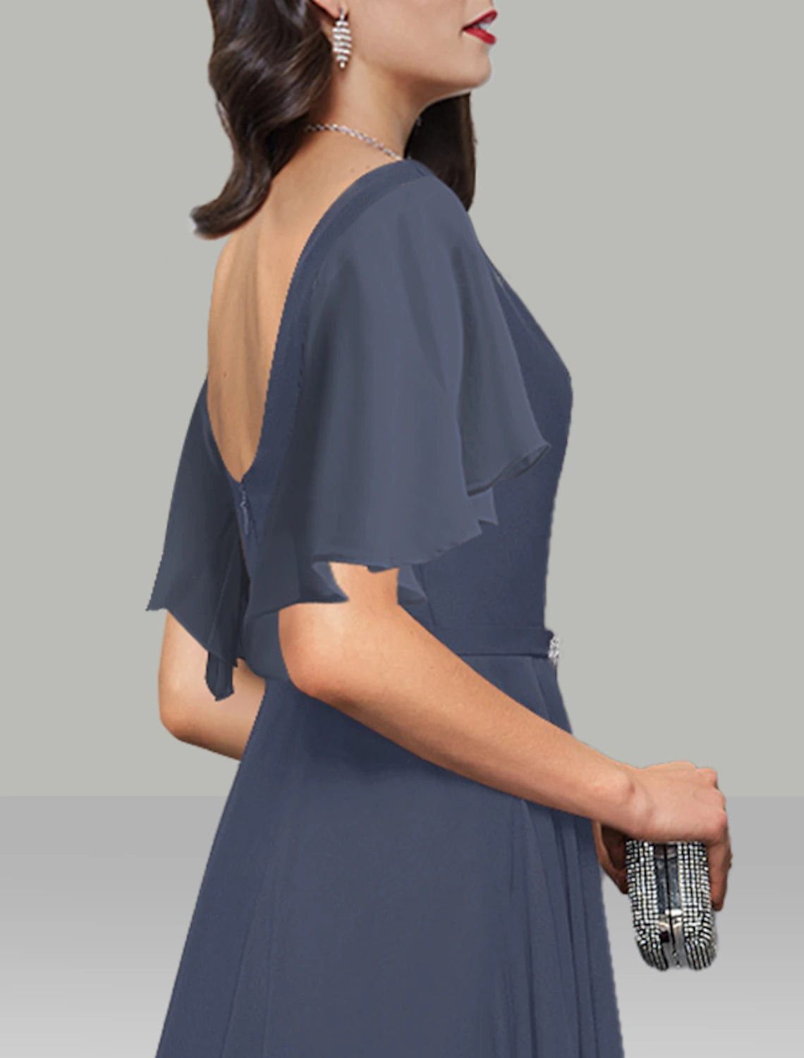 A-Line Wedding Guest Dresses Elegant Dress Cocktail Party Kentucky Derby Tea Length Short Sleeve Cowl Neck Belt / Sash Chiffon with Rhinestone