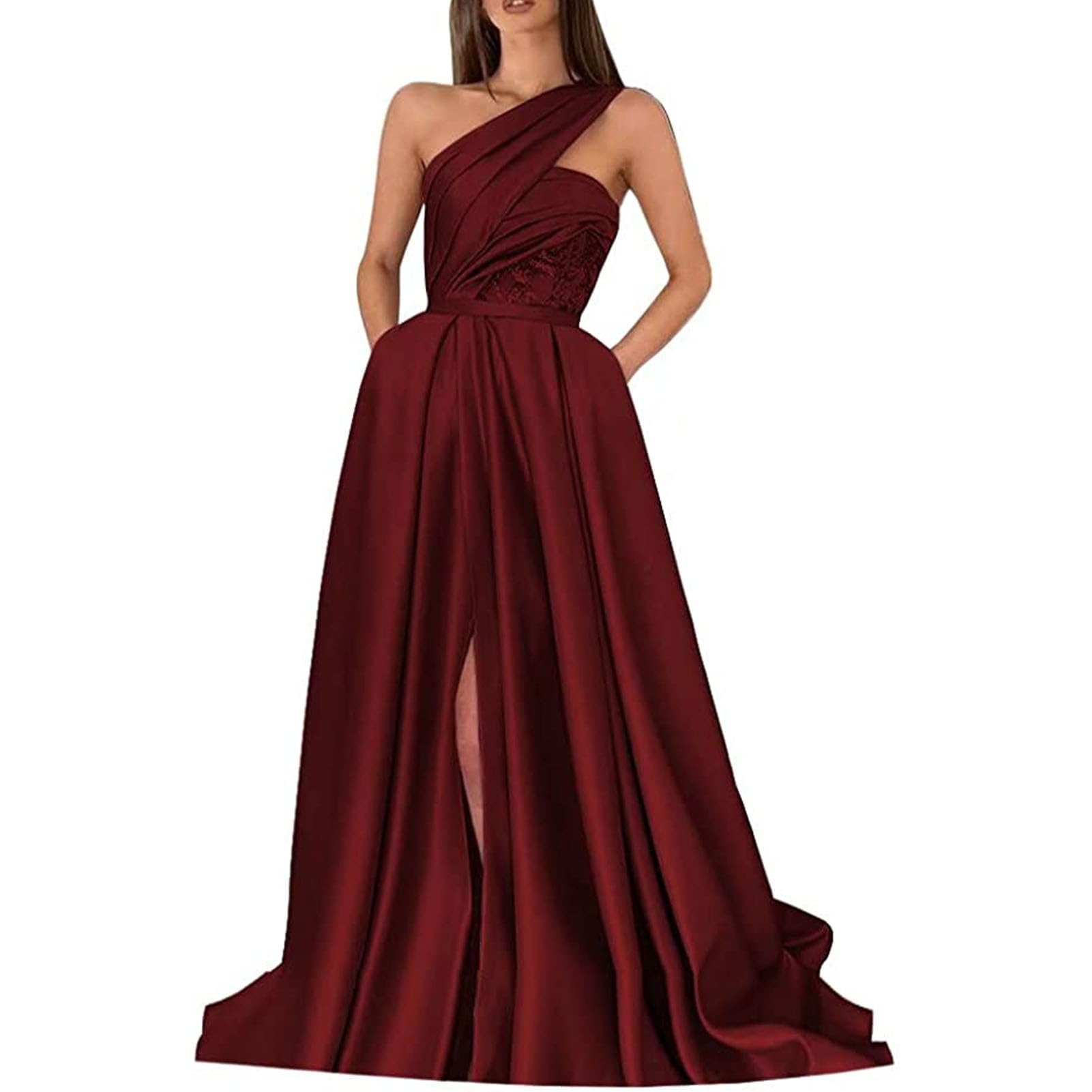 A-Line Evening Gown Celebrity Style Dress Formal Floor Length Sleeveless One Shoulder Satin with Ruched Slit