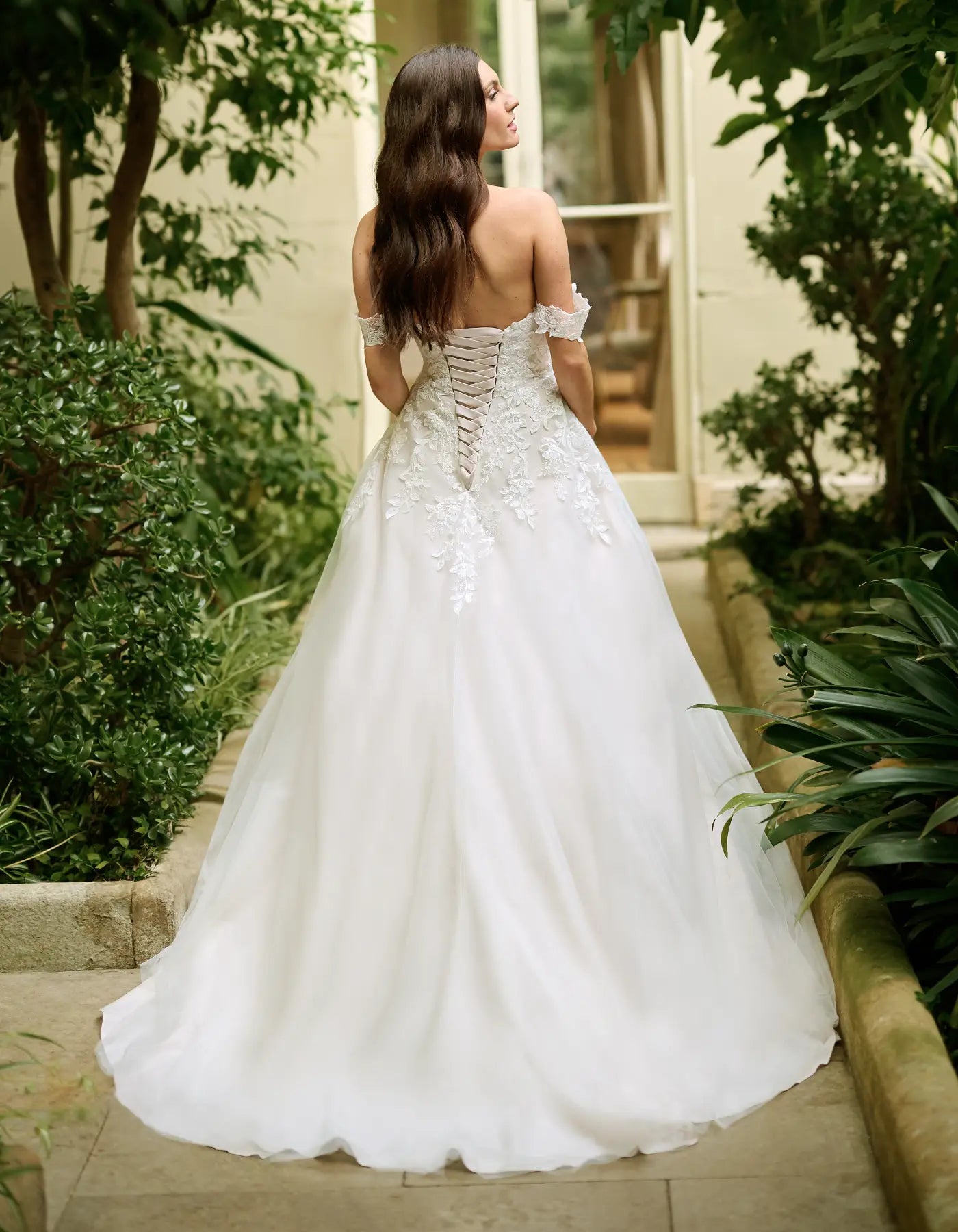 an off-the-shoulder a-line with floral lace