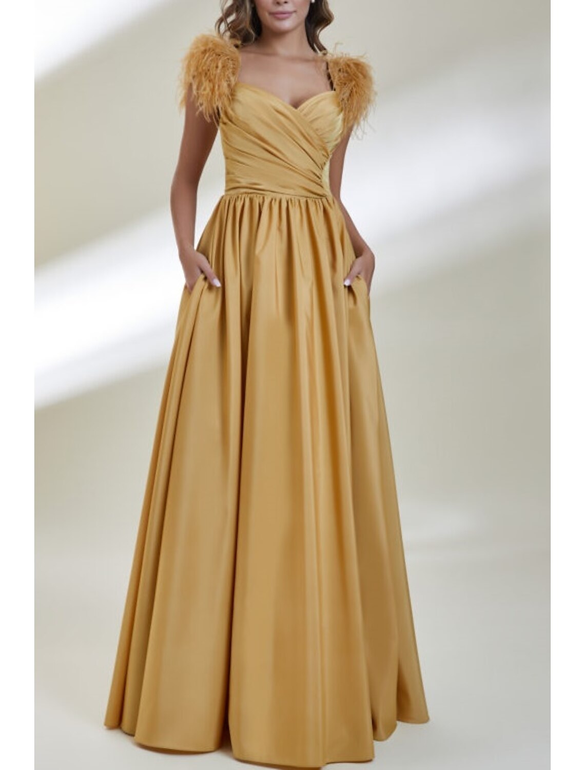 A-Line Evening Gown Elegant Dress Formal Prom Floor Length Sleeveless Sweetheart Satin with Feather Ruched