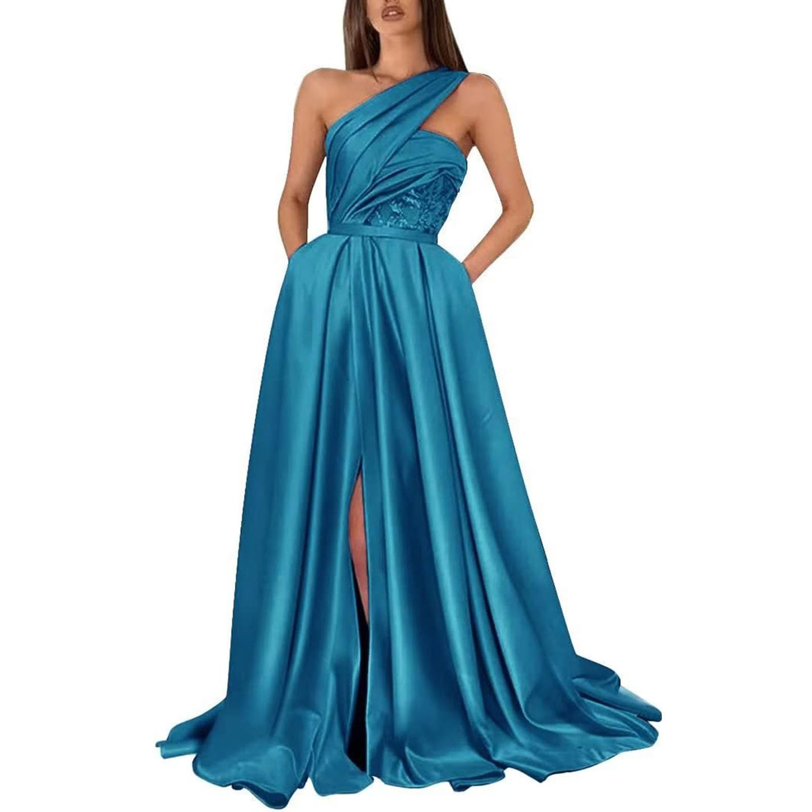 A-Line Evening Gown Celebrity Style Dress Formal Floor Length Sleeveless One Shoulder Satin with Ruched Slit