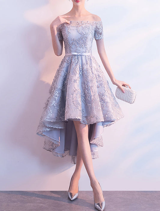 A-Line Cocktail Dresses Minimalist Dress Homecoming Party Wear Asymmetrical Short Sleeve Off Shoulder Tulle with Bow(s) Pleats