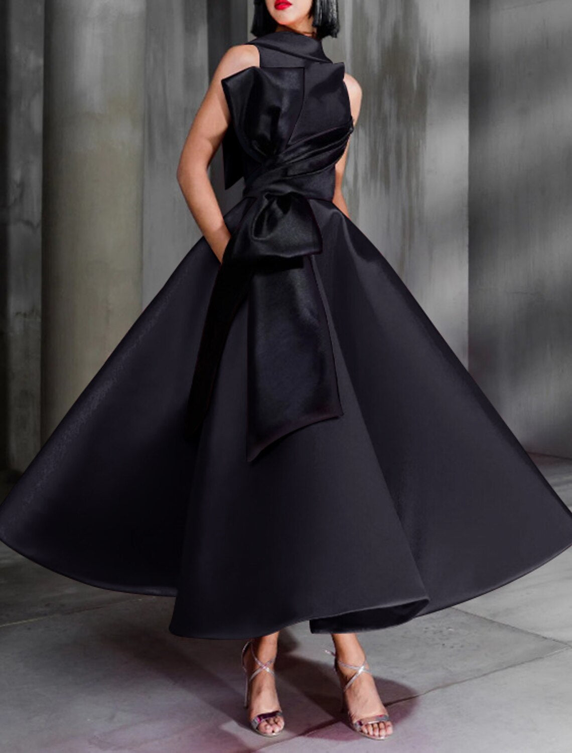 Ball Gown Color Block Celebrity Style Elegant Prom Formal Evening Birthday Dress High Neck Sleeveless Ankle Length Satin with Bow(s)