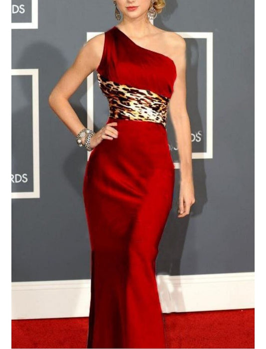Mermaid / Trumpet Celebrity Style Elegant Wedding Guest Formal Evening Dress One Shoulder Sleeveless Floor Length Satin with Sash / Ribbon
