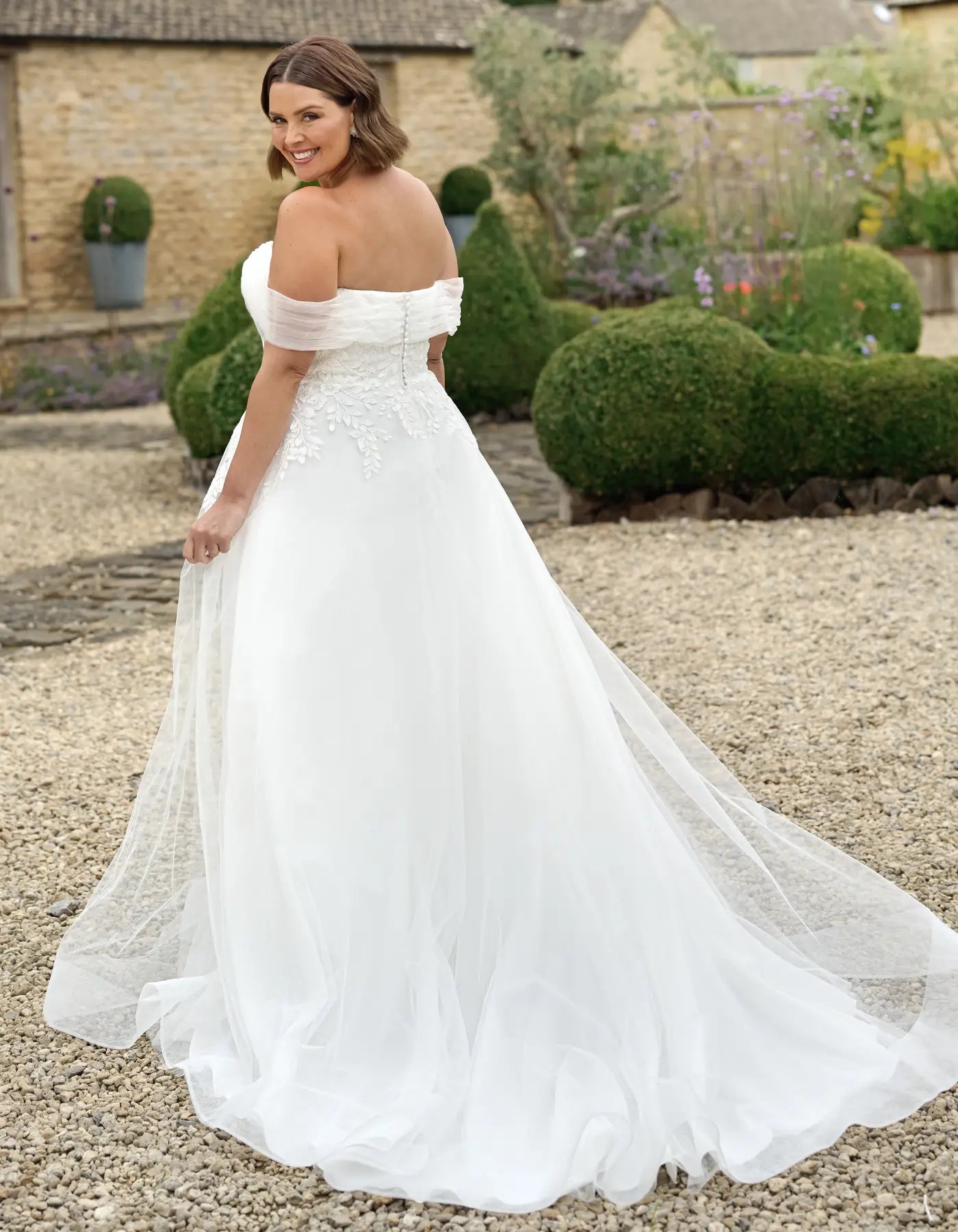 an off-the-shoulder a-line