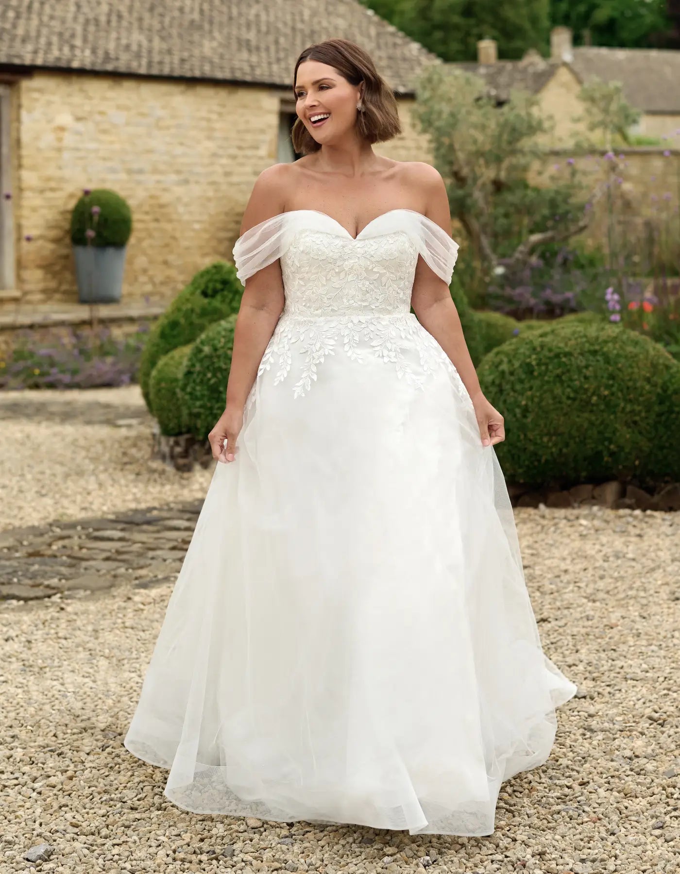 an off-the-shoulder a-line