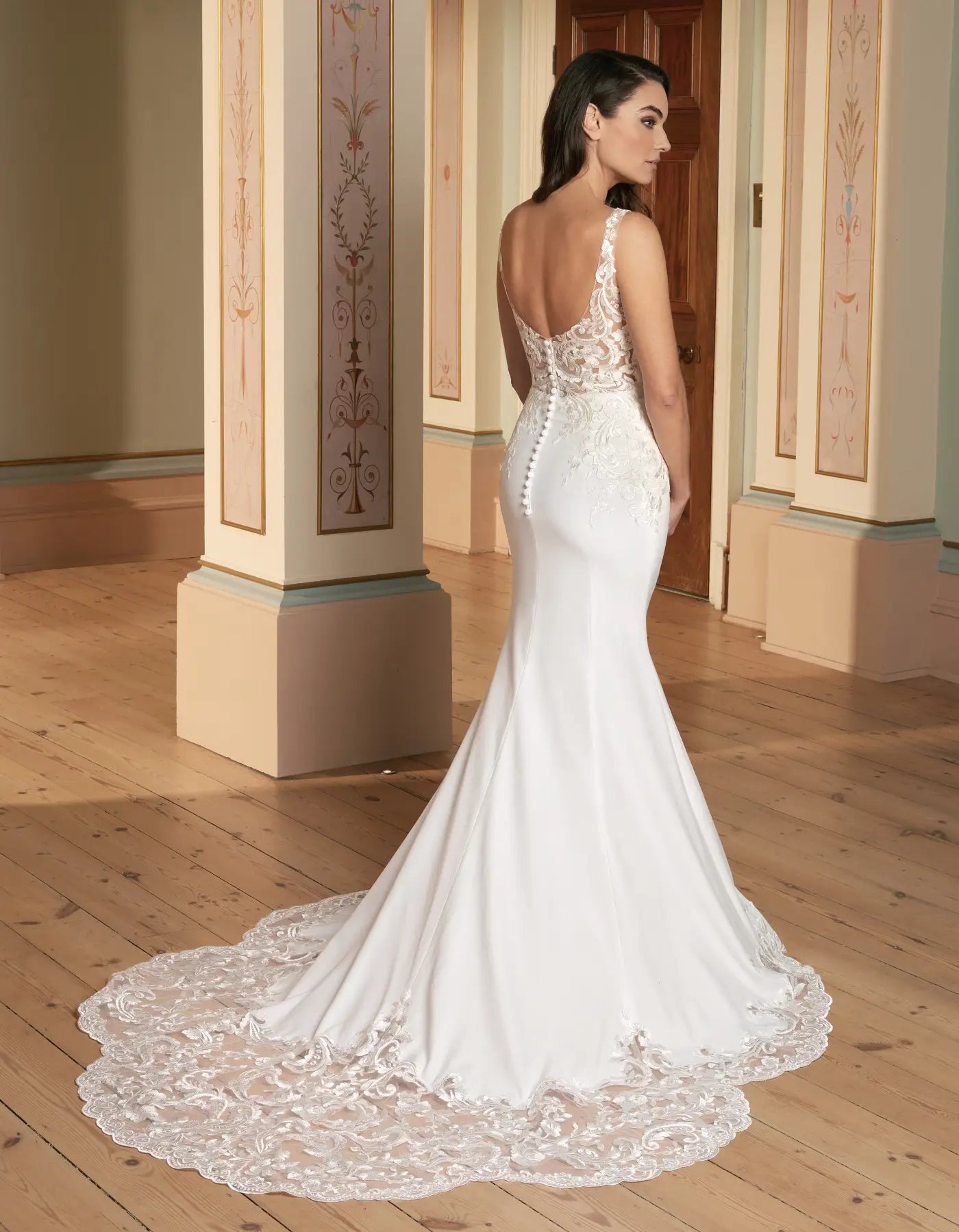 DingJiDress a crepe sheath with modern lace train