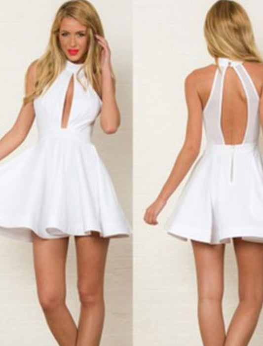 A-Line Cocktail Dresses Little Black Dress Dress Homecoming Cocktail Party Short / Mini Sleeveless Halter Neck Stretch Fabric with Sleek