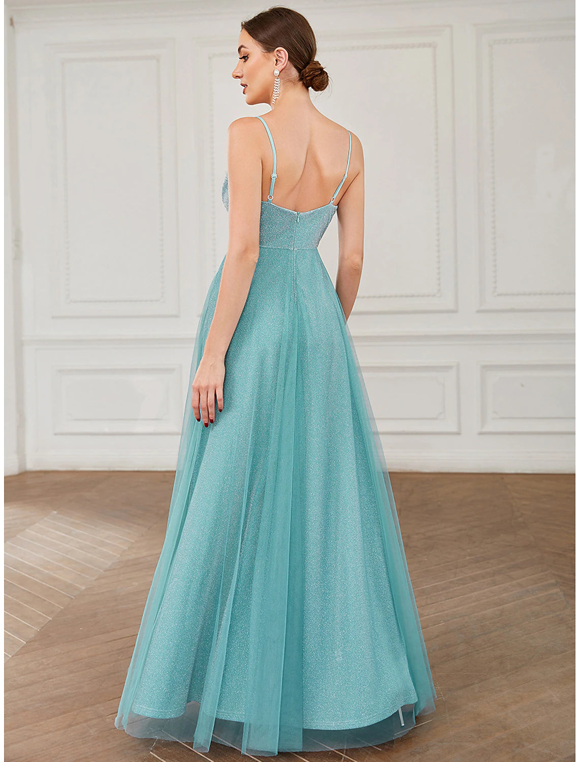 A-Line Prom Dresses Elegant Dress Wedding Guest Floor Length Sleeveless V Neck Tulle with Draping