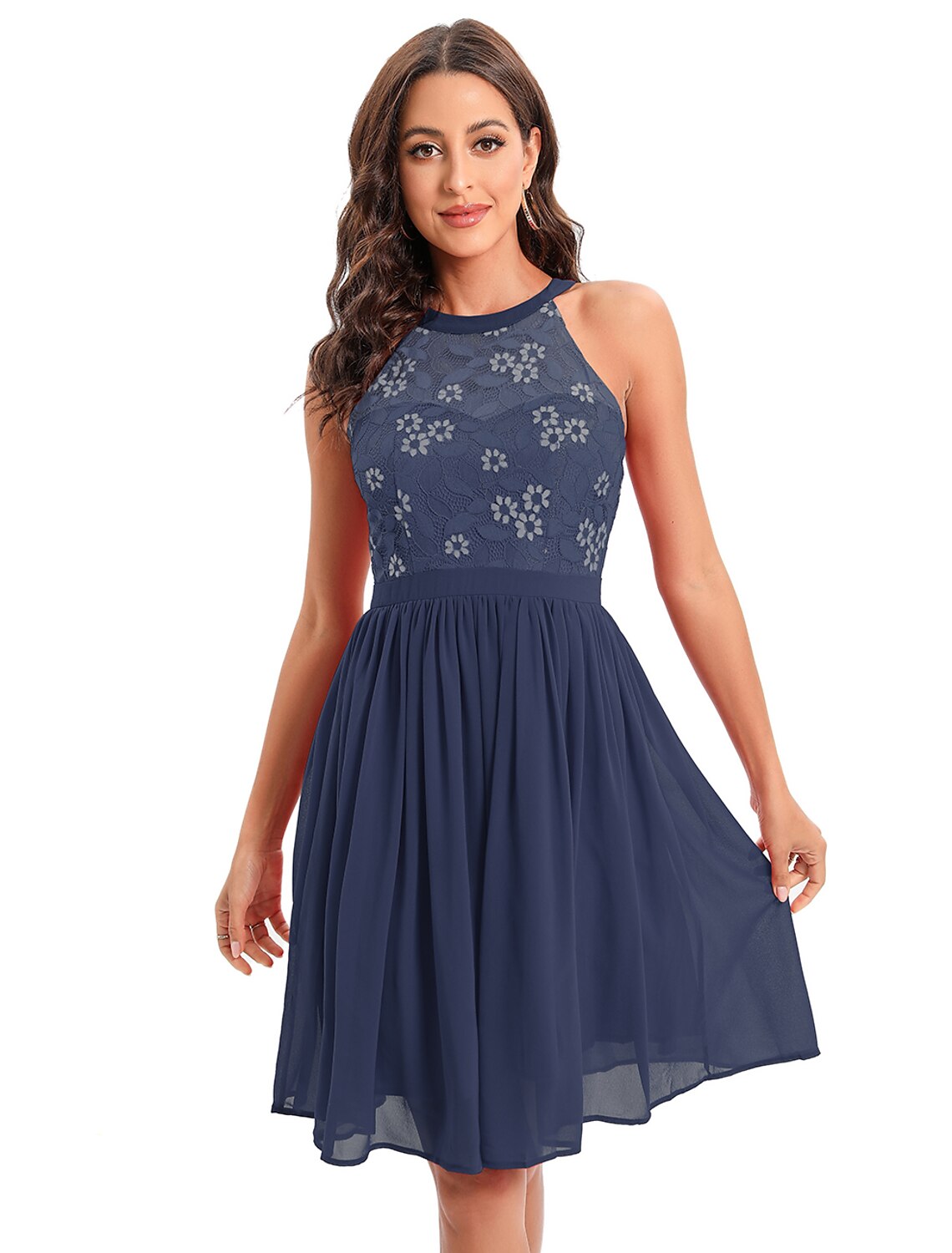 A-Line Cocktail Dresses Vintage Dress Graduation Party Wear Knee Length Sleeveless Jewel Neck Cotton Blend with Lace Insert Pattern / Print Splicing