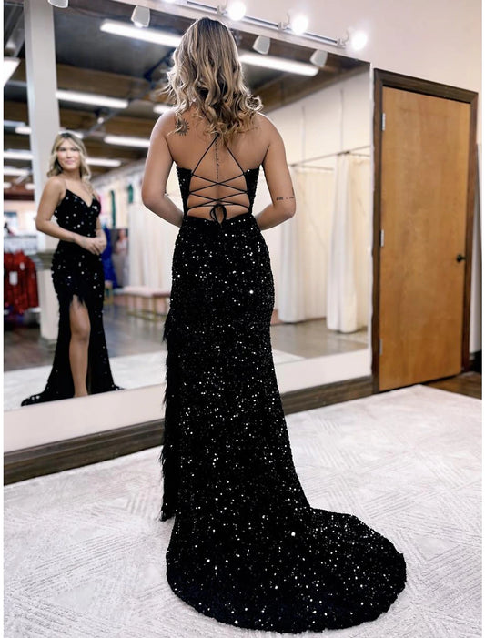 Mermaid / Trumpet Prom Dresses Sparkle & Shine Dress Formal Court Train Sleeveless V Neck Sequined Backless with Sequin