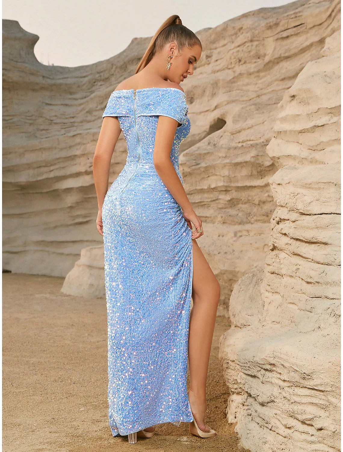 Baby Blue Sheath / Column Party Dresses Sparkle & Shine Dress Party Wear Floor Length Short Sleeve Off Shoulder Sequined with Glitter Ruched