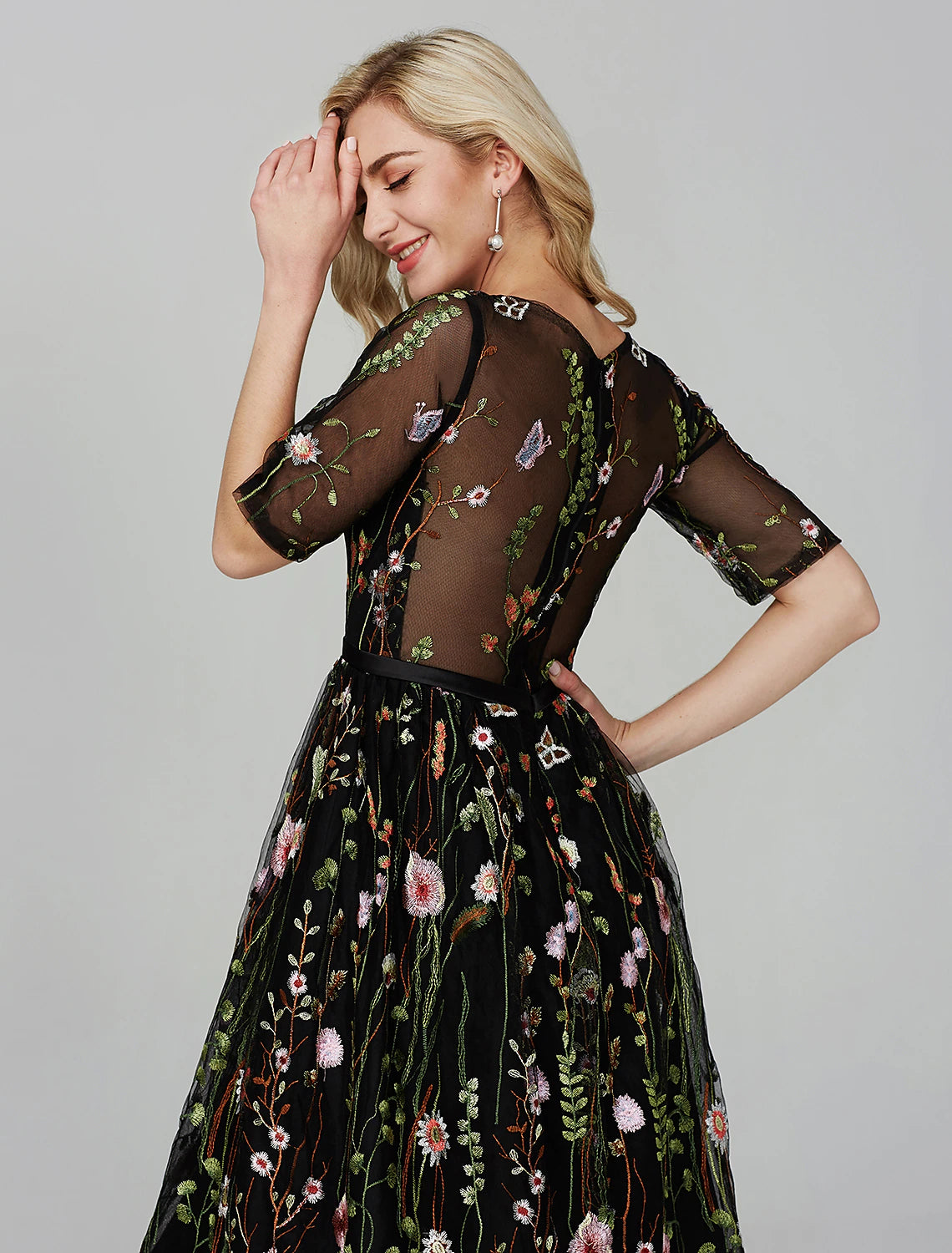 A-Line Party Dress Holiday Tea Length Half Sleeve Illusion Neck Fall Wedding Guest Organza with Embroidery Appliques