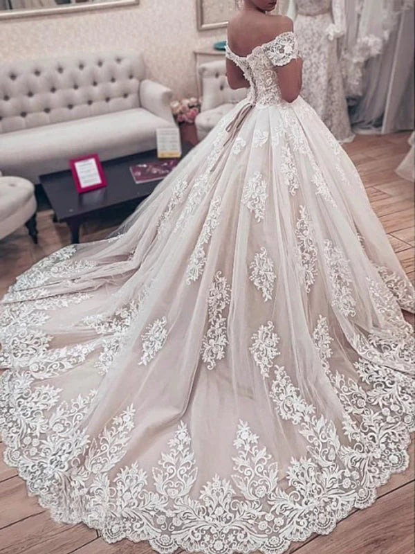 Applique Off The Shoulder Sweetheart Ball Gown Wedding Dresses