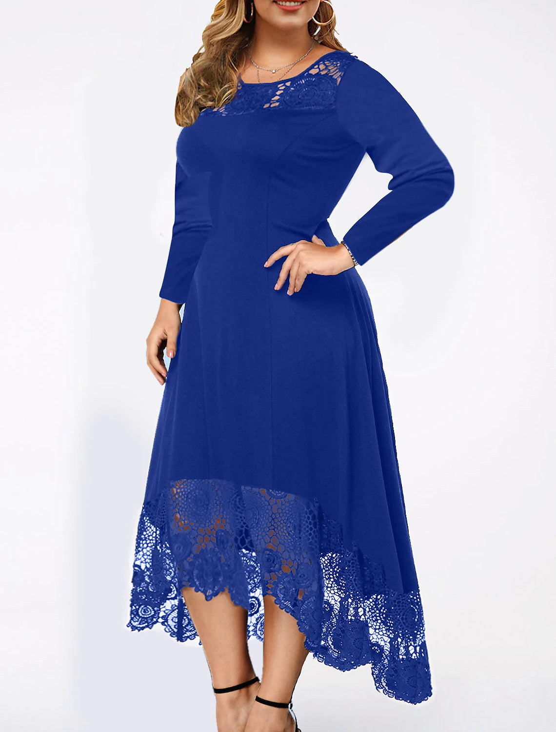 A-Line Cocktail Dresses Plus Size Dress Party Wear Wedding Guest Ankle Length Long Sleeve Jewel Neck Spandex with Lace