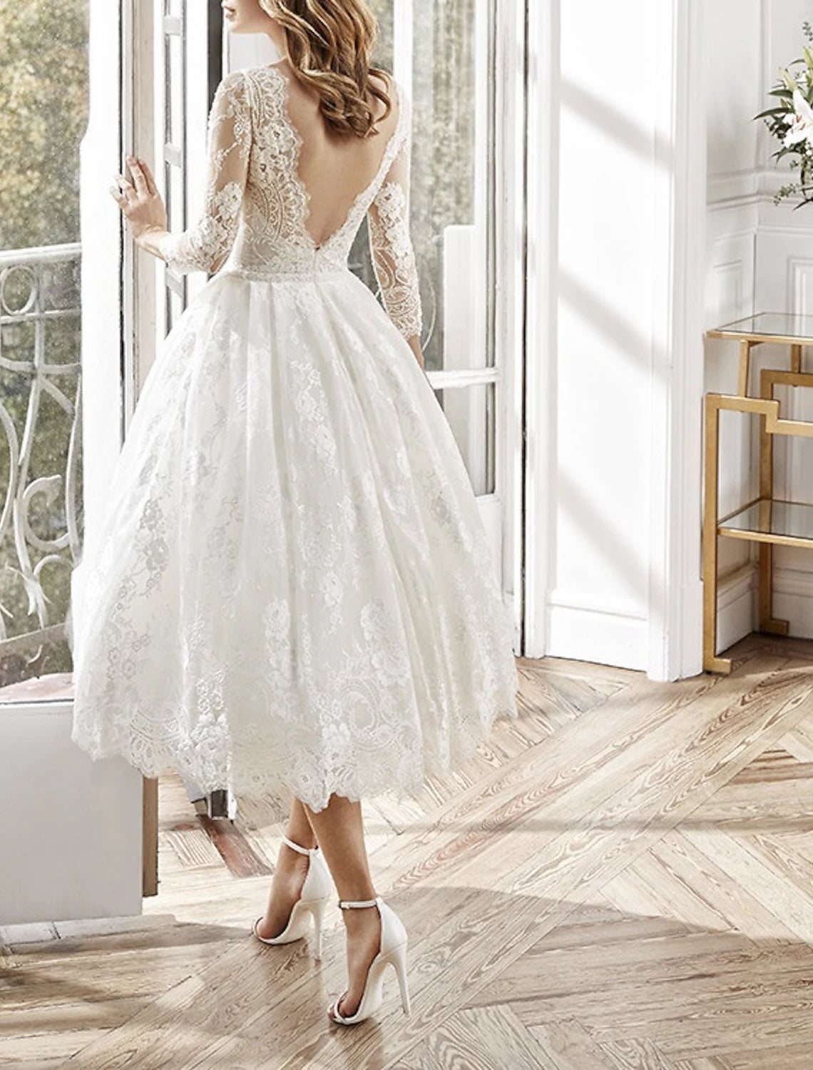 A-Line Party Dresses Floral Dress Homecoming Prom Tea Length Long Sleeve Jewel Neck Polyester Backless with Appliques