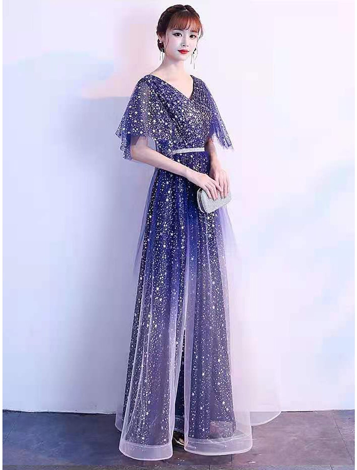 A-Line Ombre Prom Birthday Dress V Neck Short Sleeve Floor Length Tulle with Sash / Ribbon Crystals