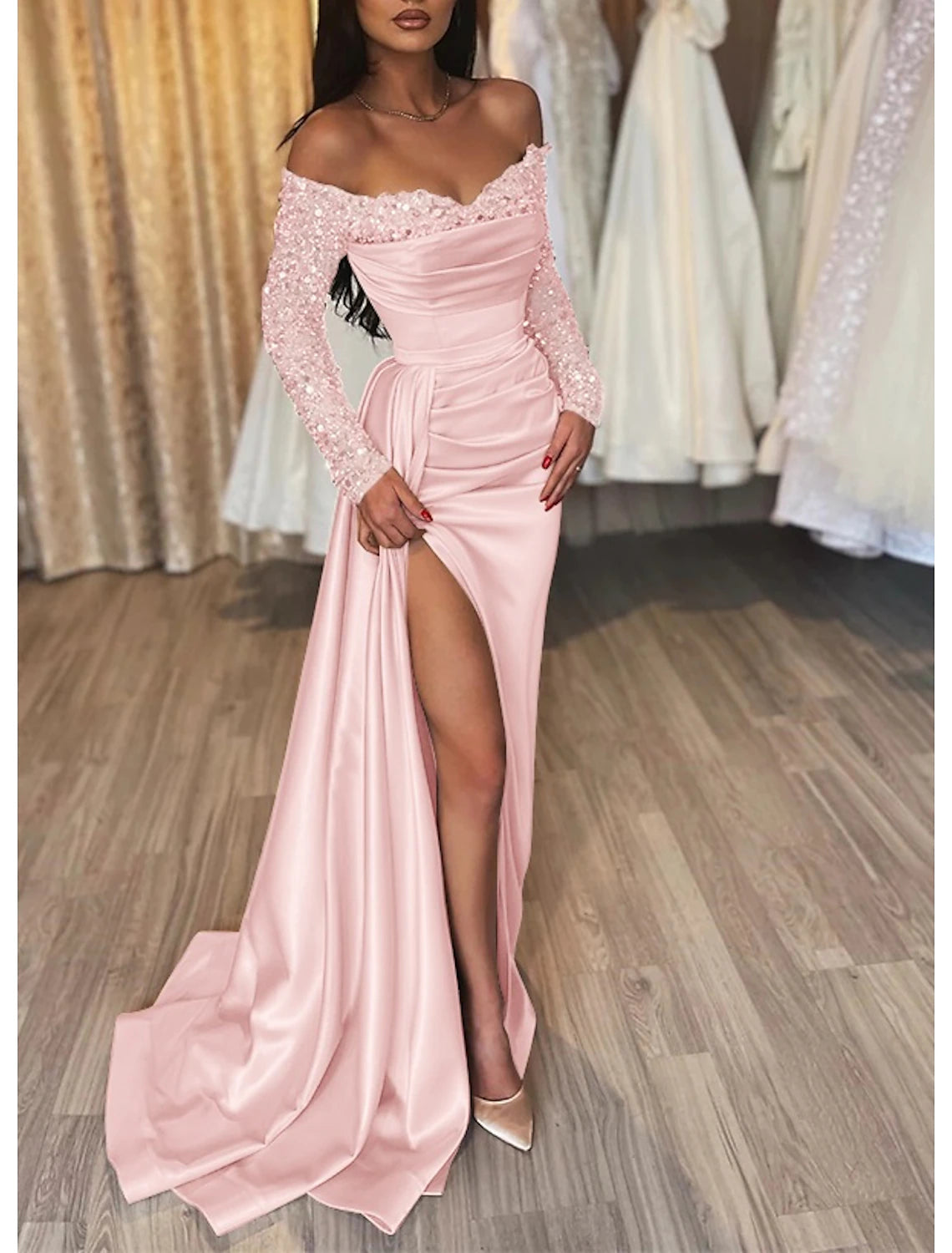 Mermaid Black Dress Evening Gown Ruched Sequin Dress Formal Sparkle Wedding Party Court Train Long Sleeve Off Shoulder Fall Wedding Reception Satin with Slit