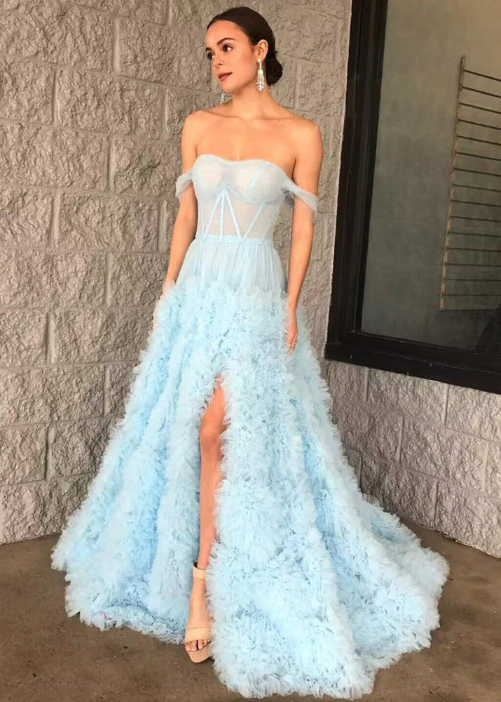 DingJiDress Prom Dress  A-Line Off the Shoulder Tulle Princecss with Slit