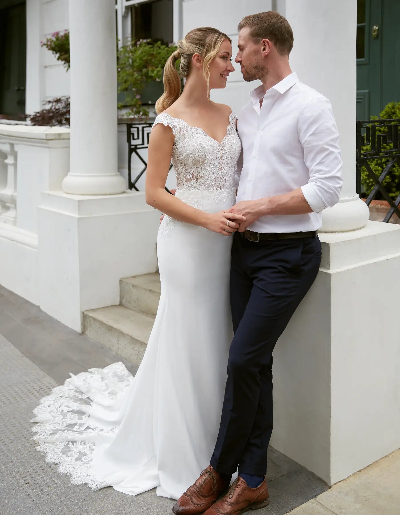 DingJiDress an off-the-shoulder sheath with chantilly lace