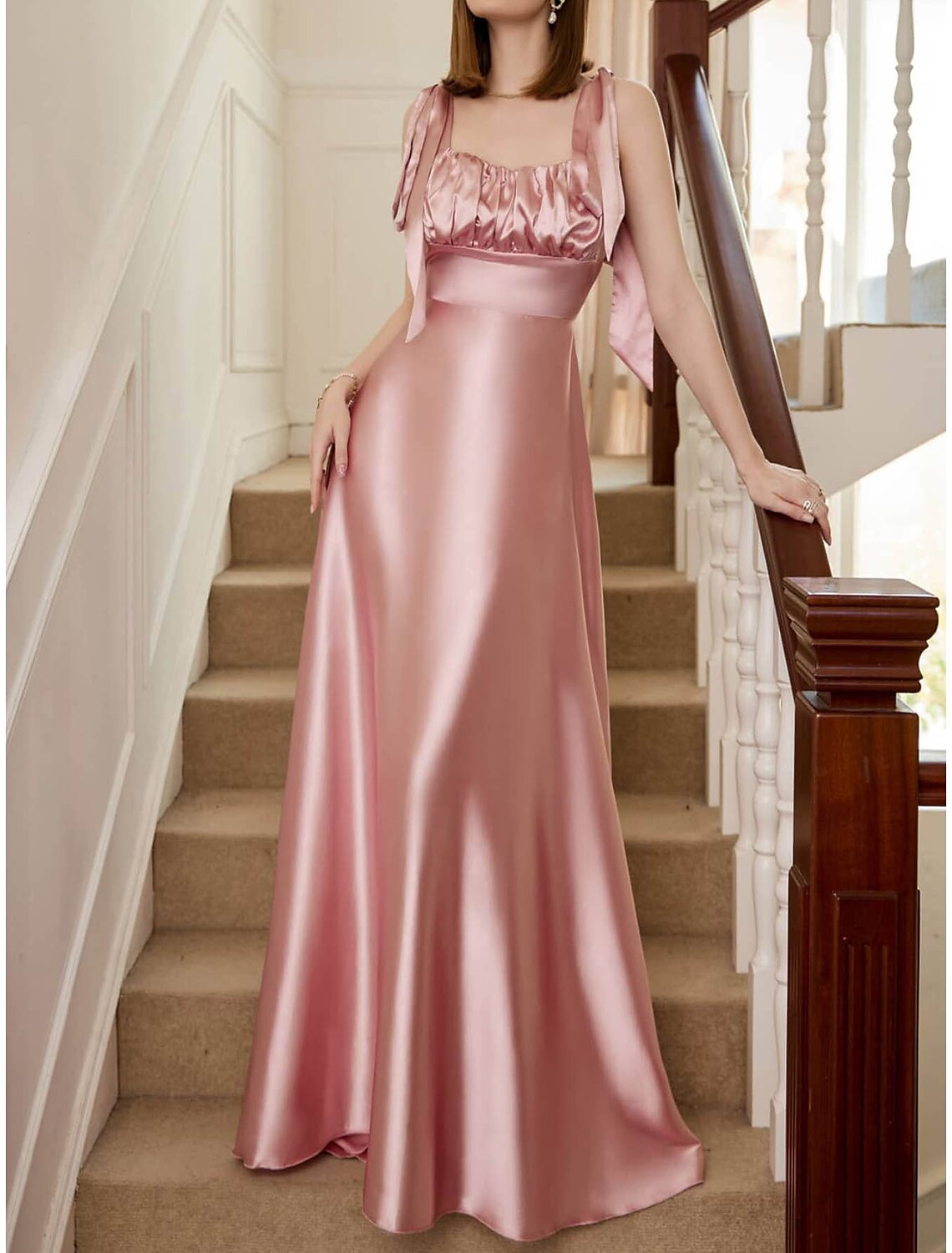 A-Line Party Dresses Open Back Dress Holiday Wedding Guest Floor Length Sleeveless Square Neck Bridesmaid Dress Satin Backless with Strappy