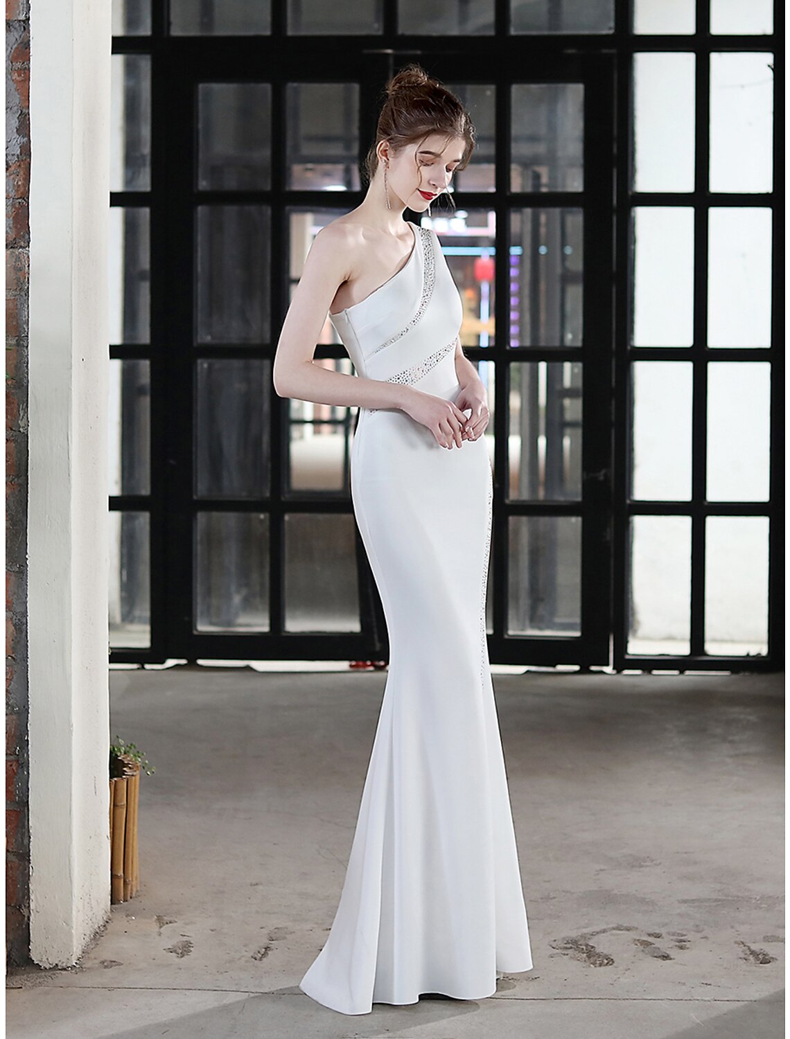 Evening Gown Sexy Dress Wedding Guest Floor Length Sleeveless One Shoulder Stretch Satin with Crystals