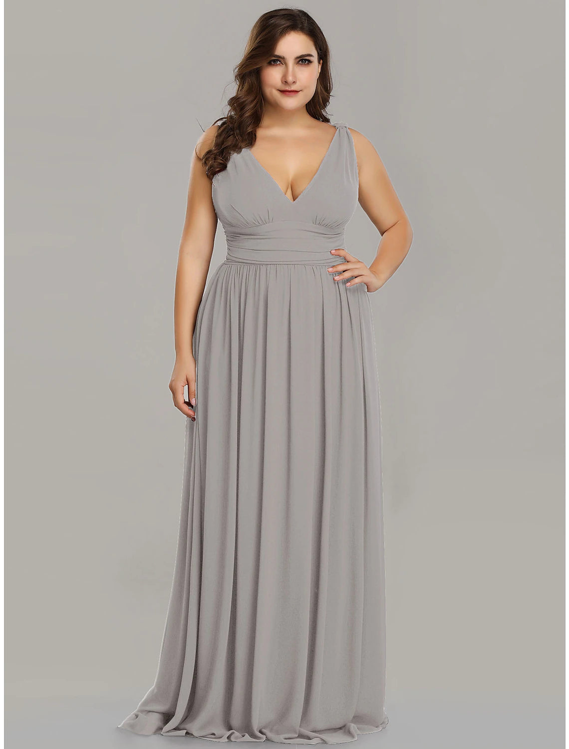 A-Line Plus Size Wedding Formal Evening Dress V Neck V Back Sleeveless Floor Length Chiffon with Pleats