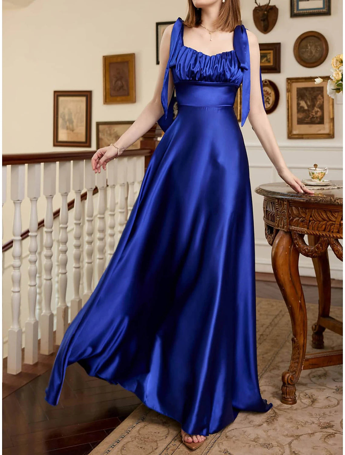 A-Line Party Dresses Open Back Dress Holiday Wedding Guest Floor Length Sleeveless Square Neck Bridesmaid Dress Satin Backless with Strappy