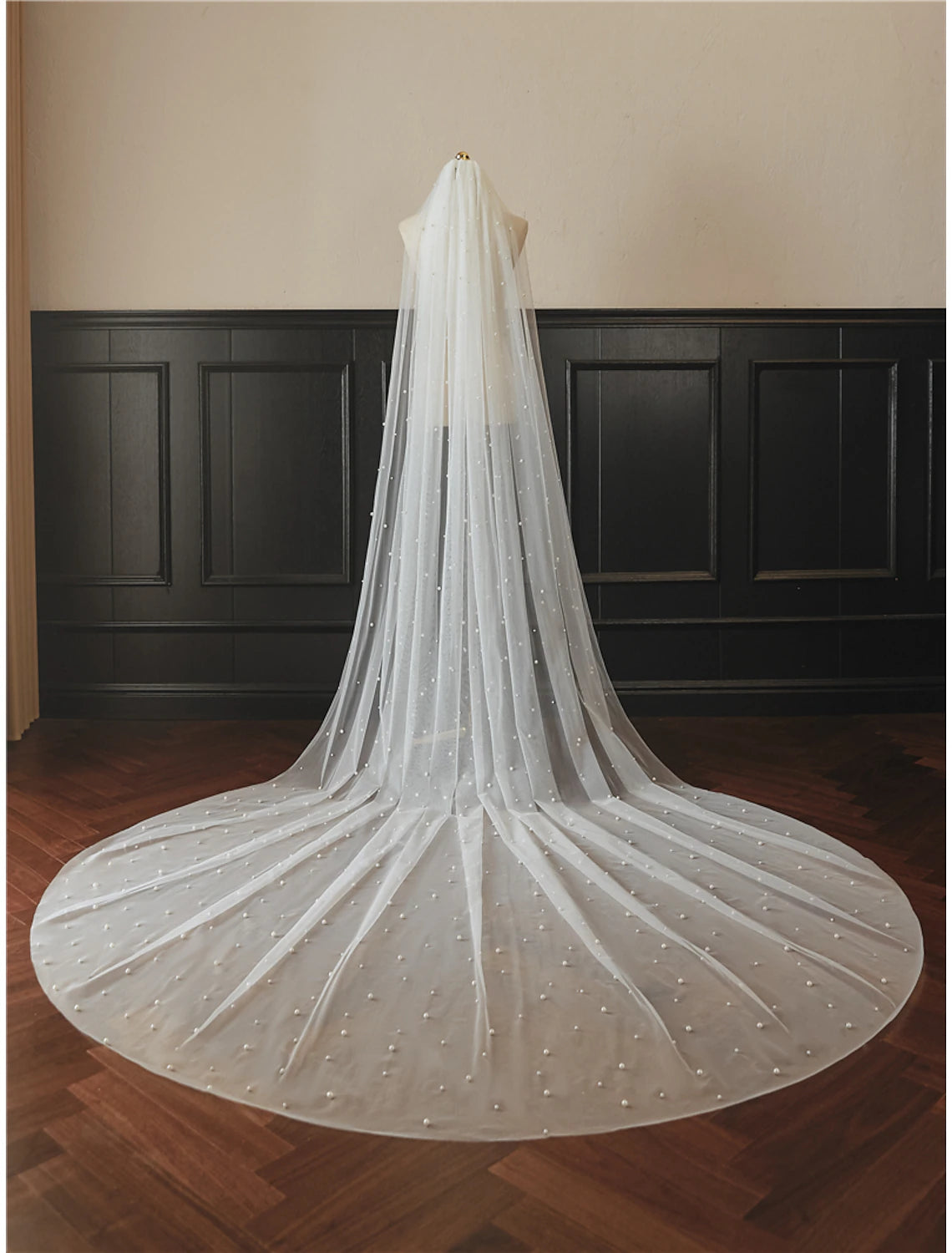 DingJiDress One-tier Pearls Wedding Veil Cathedral Veils with Faux Pearl Size: 300 Tulle