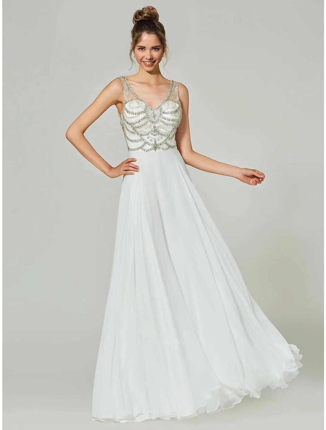 Evening Gown Beautiful Back Dress Wedding Guest Floor Length Sleeveless High Neck Chiffon with Appliques