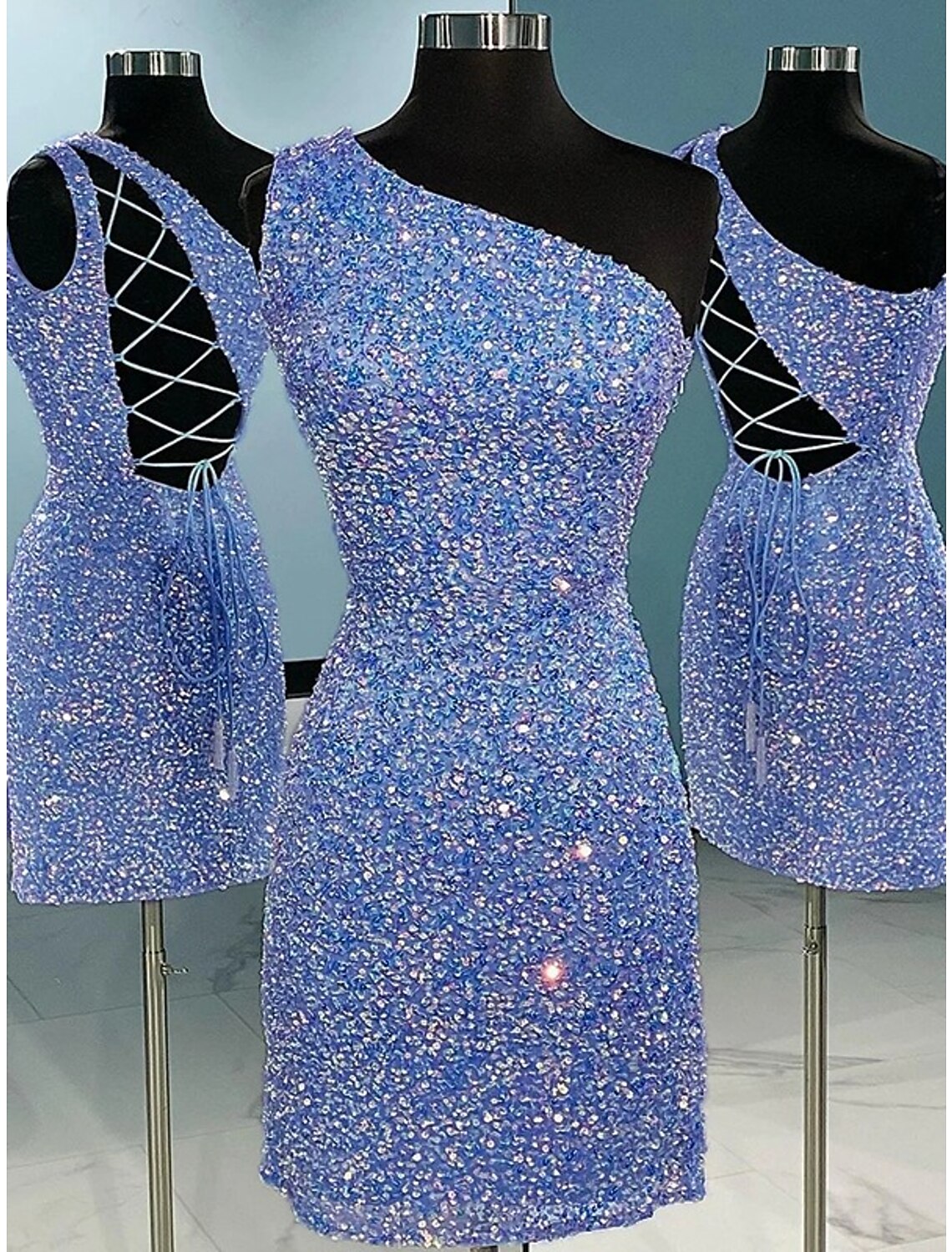A-Line Short / Mini One Shoulder Sheath / Column Homecoming Dresses Sparkle & Shine Dress Holiday Sleeveless Sequined with Glitter Strappy