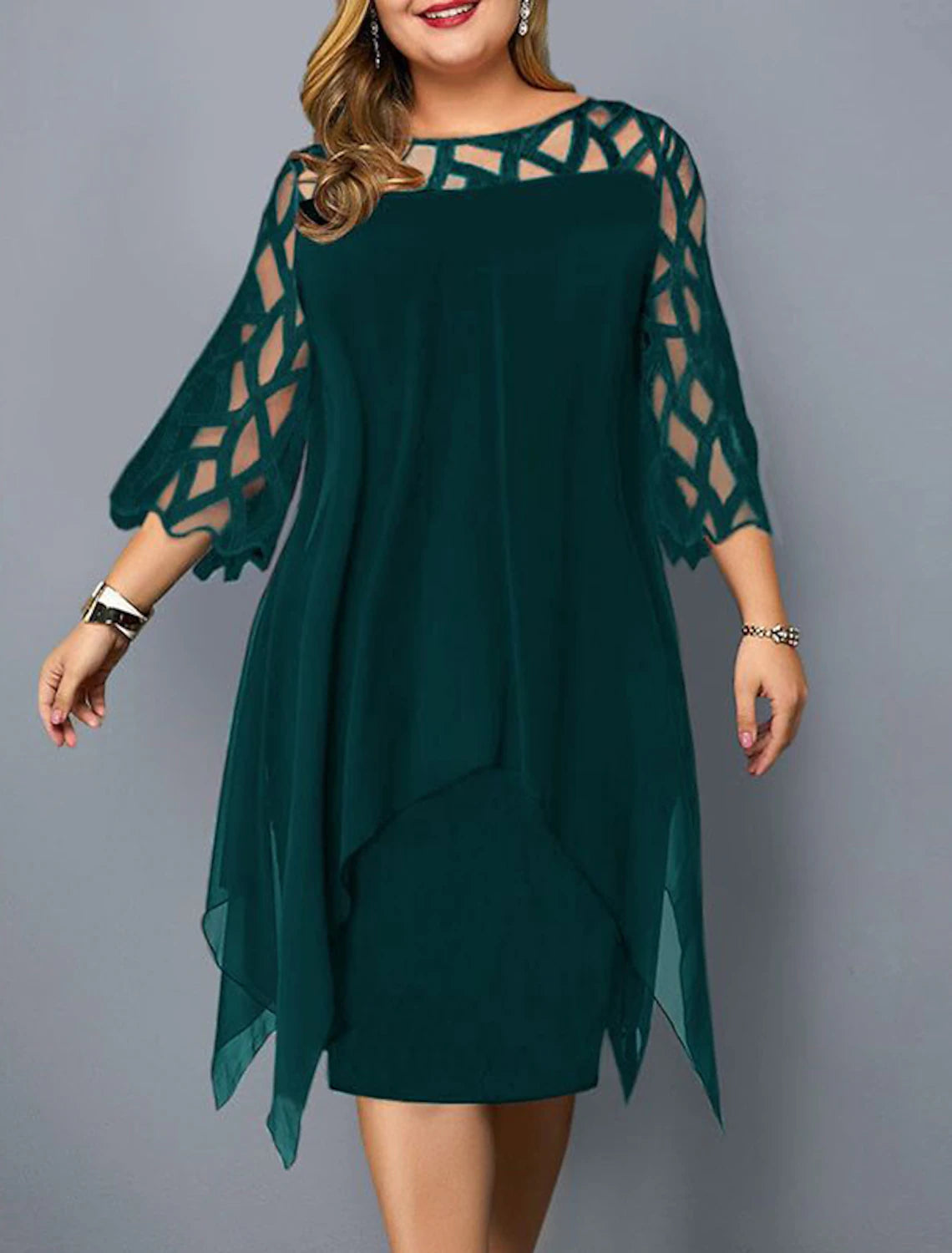 A-Line Elegant Cocktail Dress Semi-formal Party Dress Midi Jewel Neck 3/4 Length Sleeve Knee Length Lace with Sleek Splicing