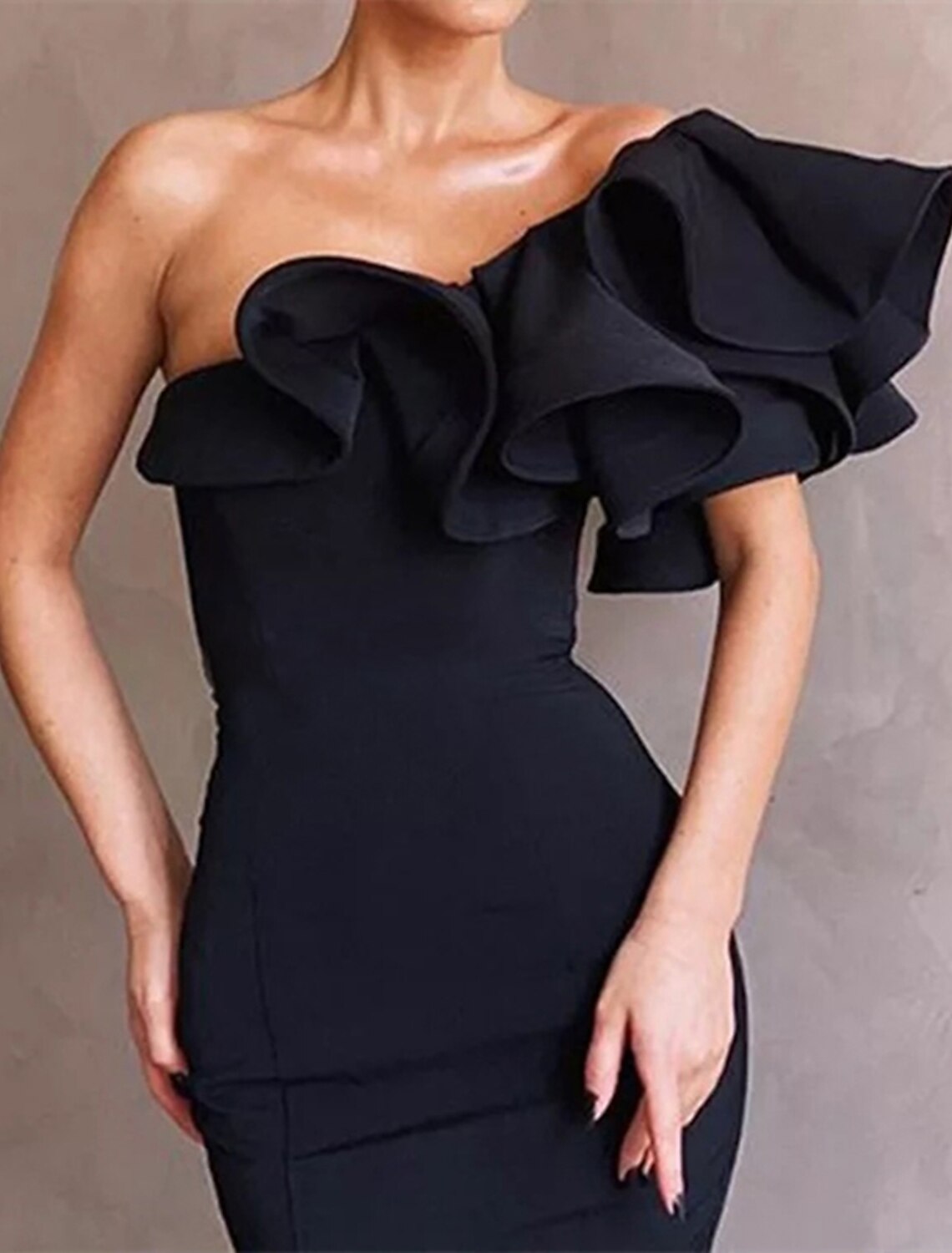 Mermaid / Trumpet Evening Gown Celebrity Style Dress Formal Wedding Guest Floor Length Sleeveless One Shoulder Stretch Fabric with Ruffles