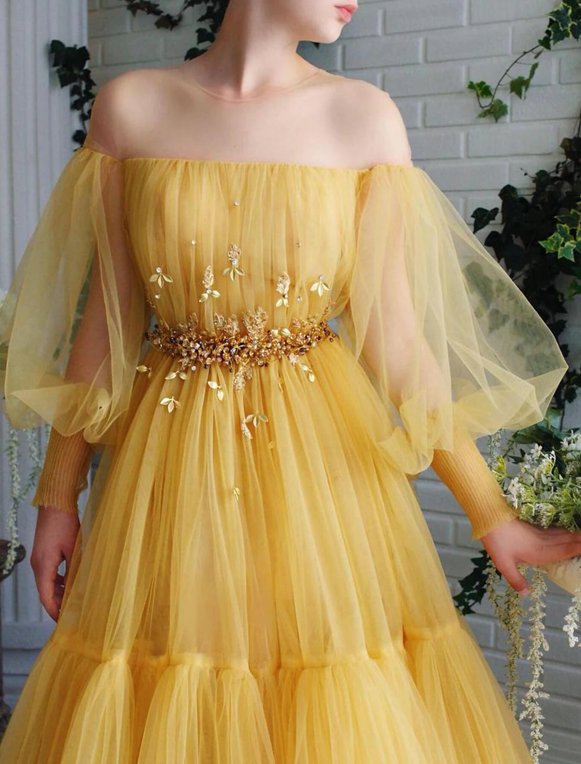 Ball Gown Prom Dresses Elegant Dress Wedding Guest Prom Floor Length Long Sleeve Illusion Neck Tulle with Beading Appliques