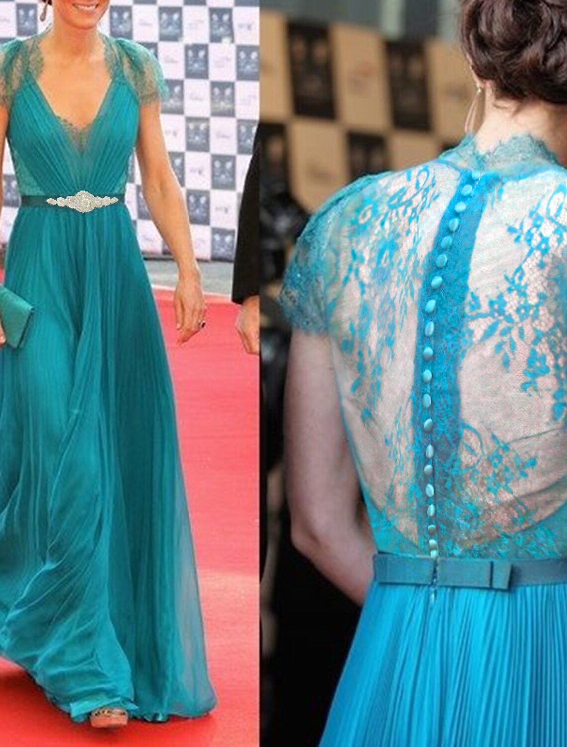 A-Line Evening Gown Celebrity Style Dress Formal Wedding Guest Floor Length Short Sleeve V Neck Chiffon with Pleats