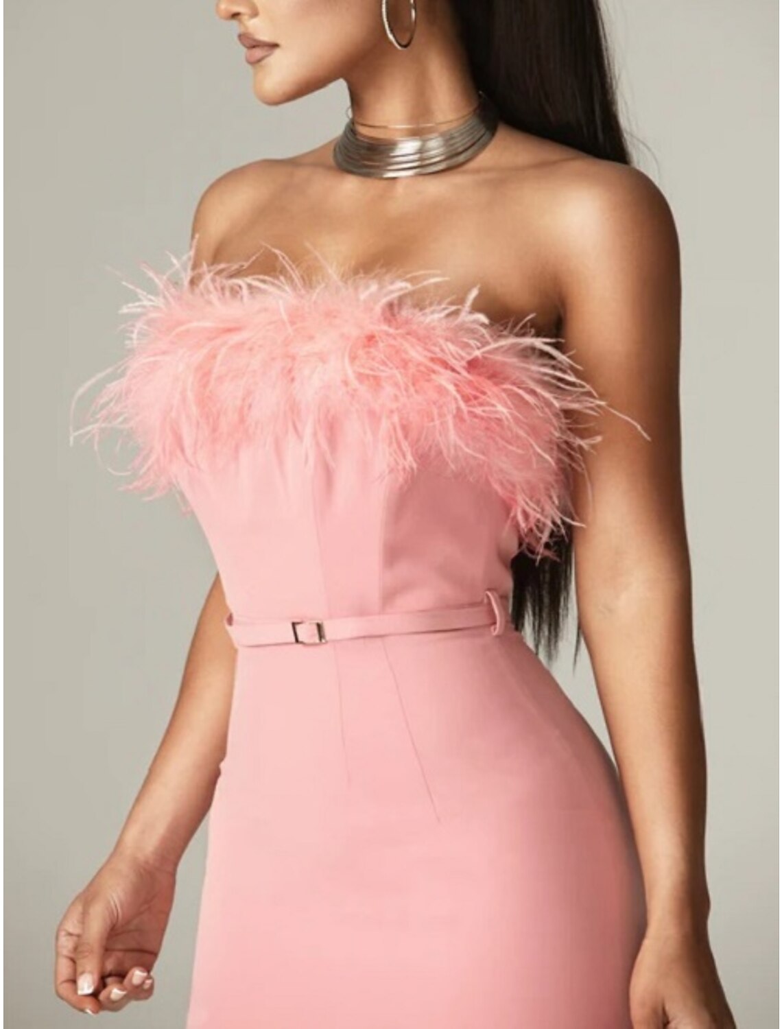 Sheath / Column Evening Gown Elegant Dress Formal Birthday Tea Length Sleeveless Strapless Belt / Sash Stretch Fabric with Feather