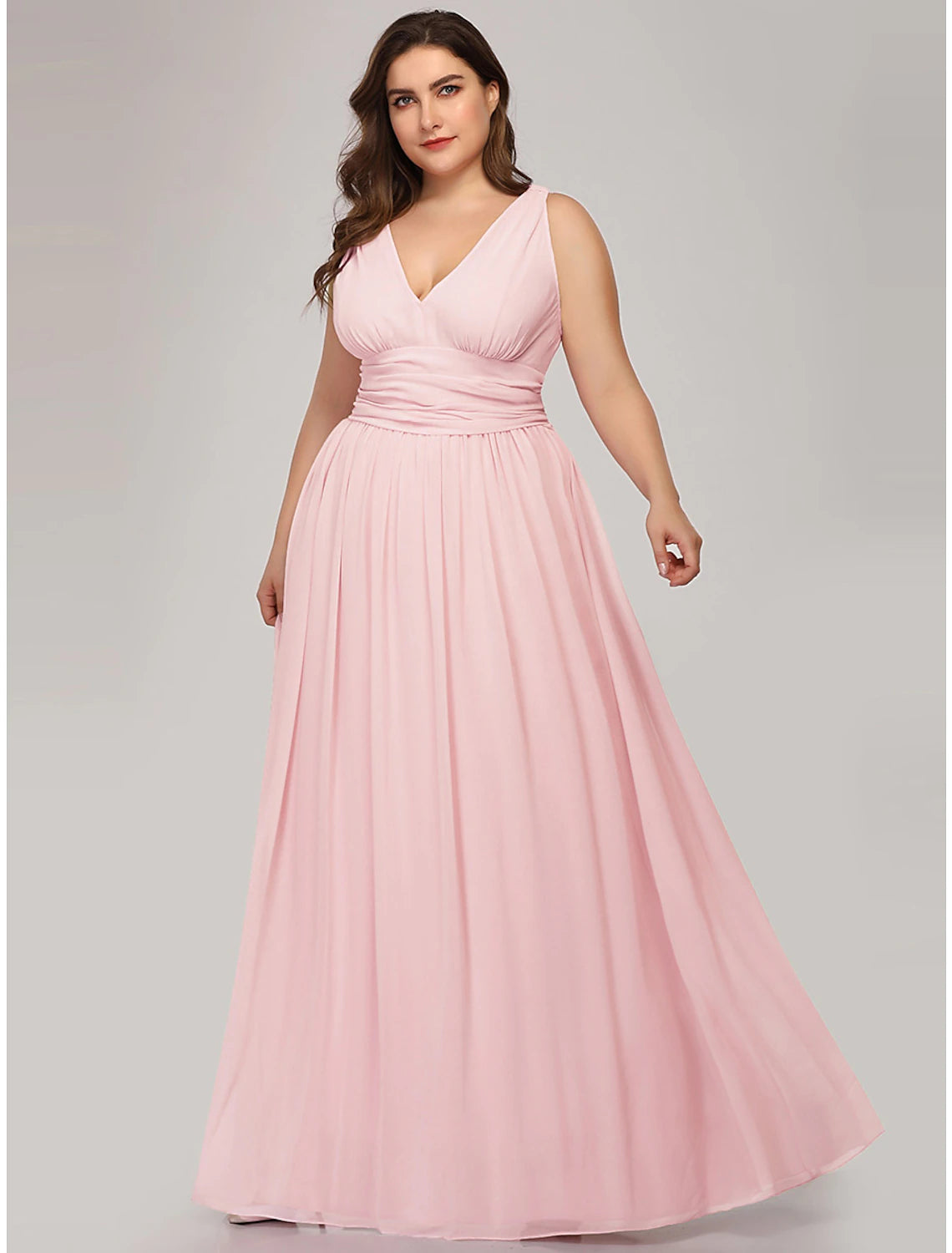 A-Line Plus Size Wedding Formal Evening Dress V Neck V Back Sleeveless Floor Length Chiffon with Pleats