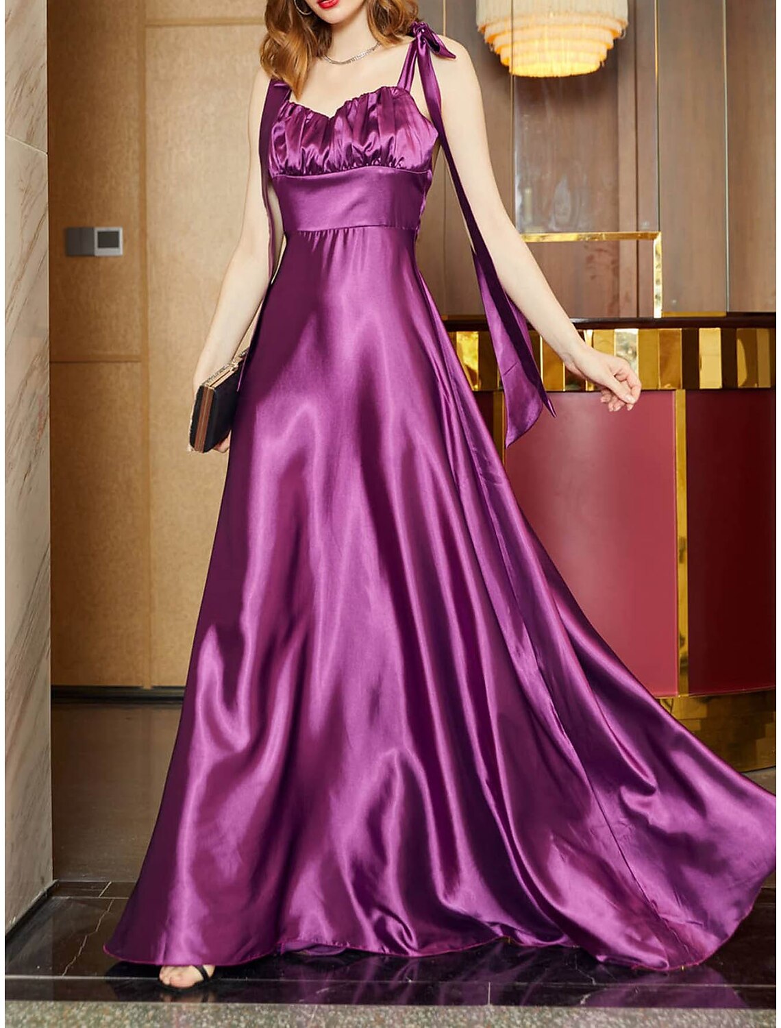 A-Line Party Dresses Open Back Dress Holiday Wedding Guest Floor Length Sleeveless Square Neck Bridesmaid Dress Satin Backless with Strappy