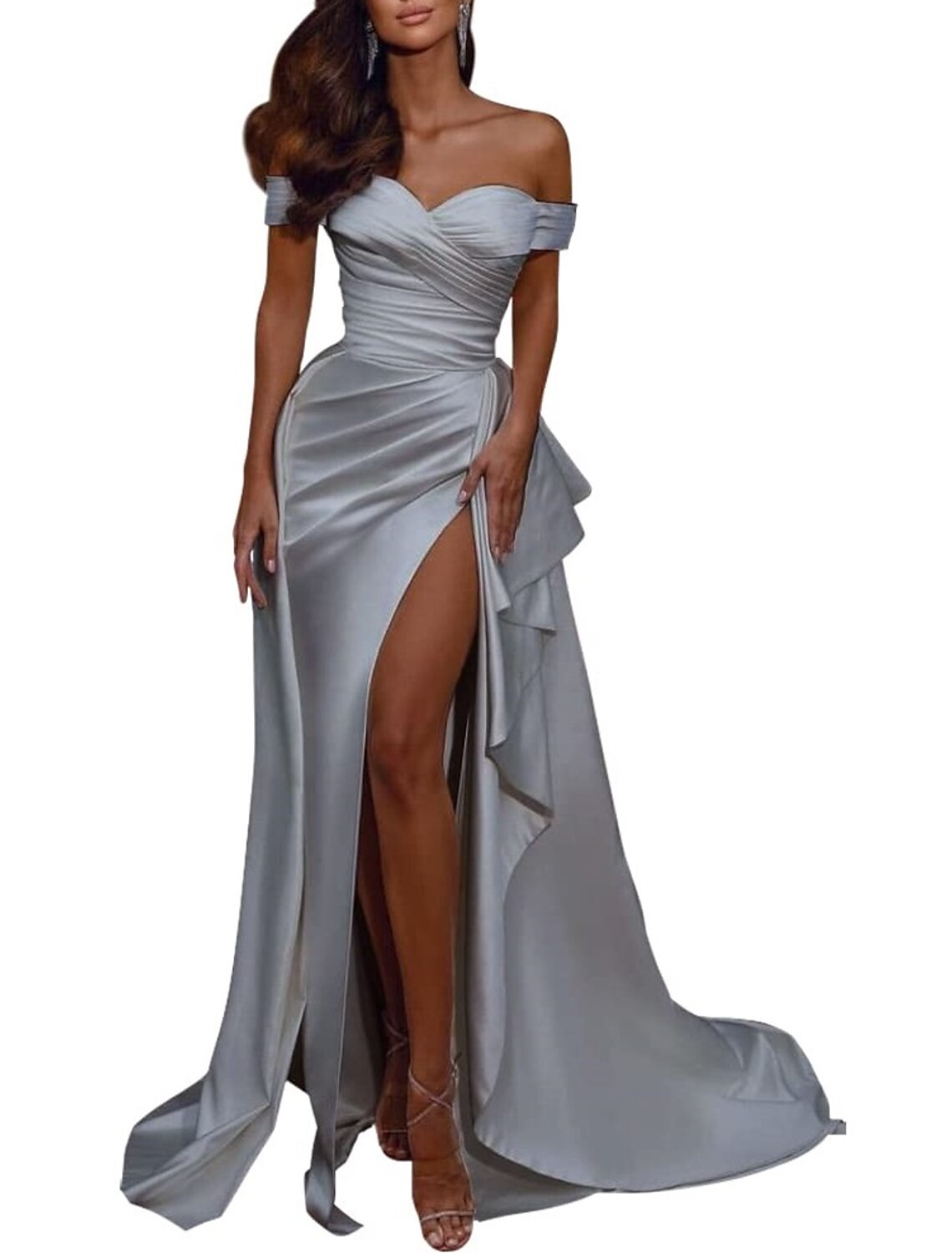 A-Line Wedding Dress Celebrity Style Sexy Formal Evening Dress Off Shoulder Short Sleeve Sweep / Brush Train Italy Satin with Pleats