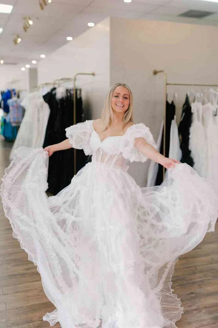 DingJiDress A Line Off the Shoulder Tulle Prom Dresses For Woman