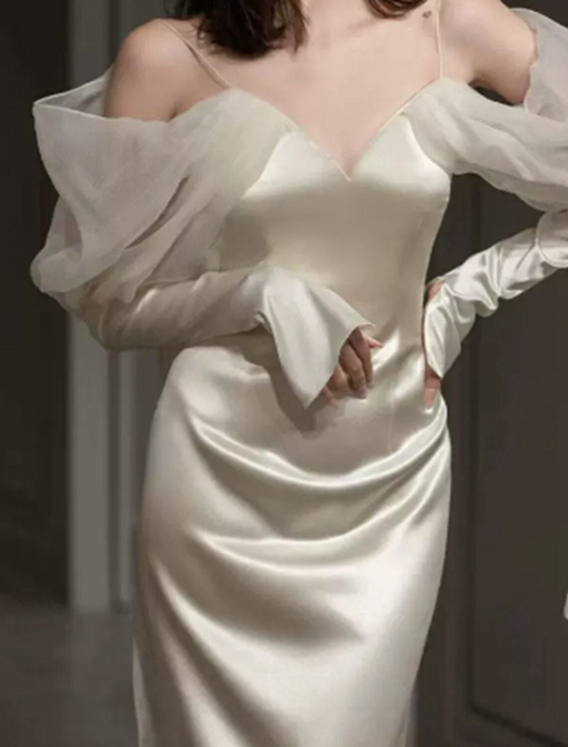 Mermaid / Trumpet Evening Gown Elegant Dress Formal Prom Floor Length Long Sleeve Sweetheart Italy Satin with Buttons Shawl