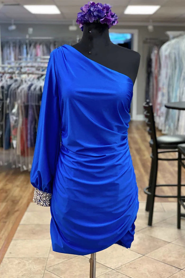 Wholesale Hot Pink One Sleeve Ruched Mini Homecoming Dress