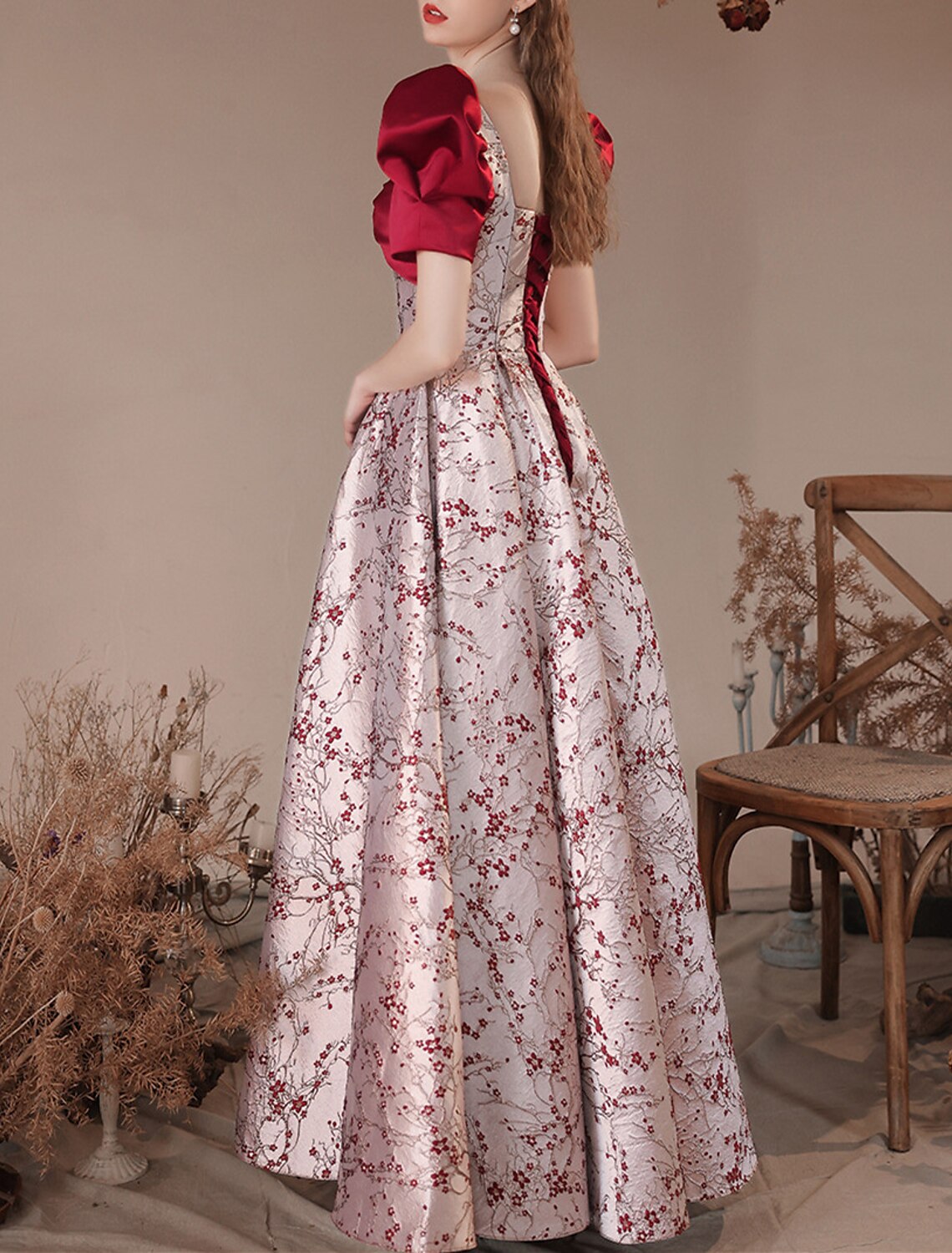 A-Line Party Dresses Floral Dress Masquerade Prom Floor Length Short Sleeve Square Neck Satin with Embroidery