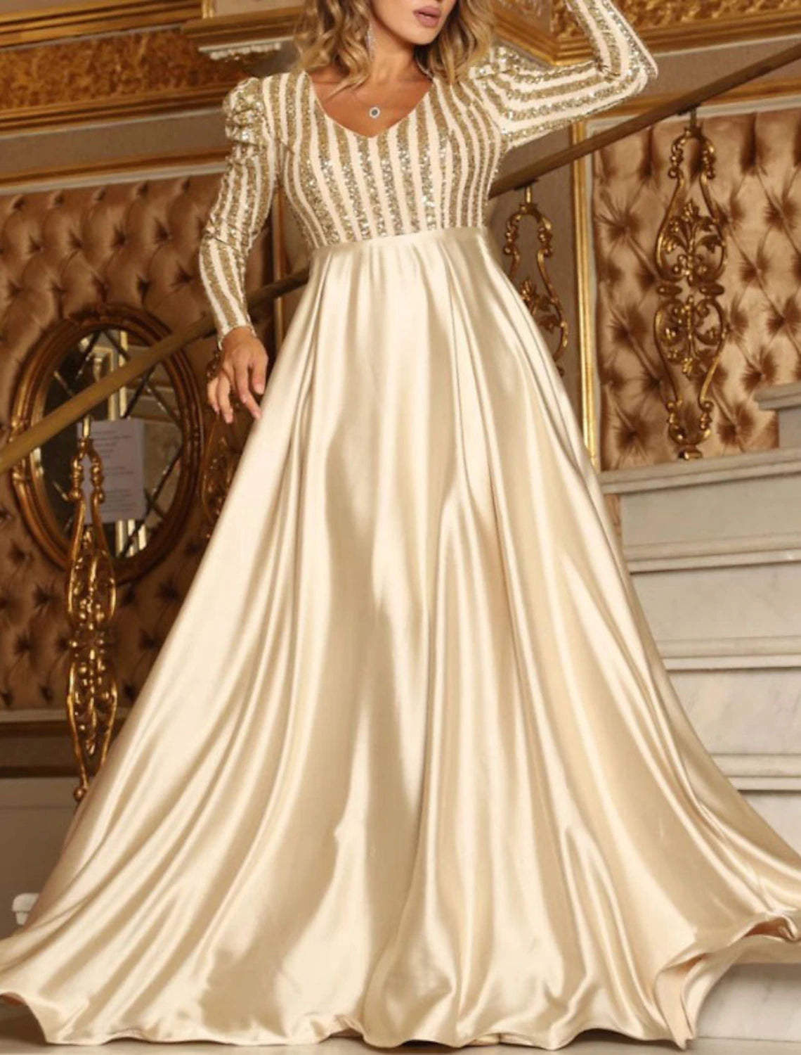 A-Line Sparkly Engagement Formal Evening Party Dress V Neck Long Sleeve Court Train Polyester with Sequin