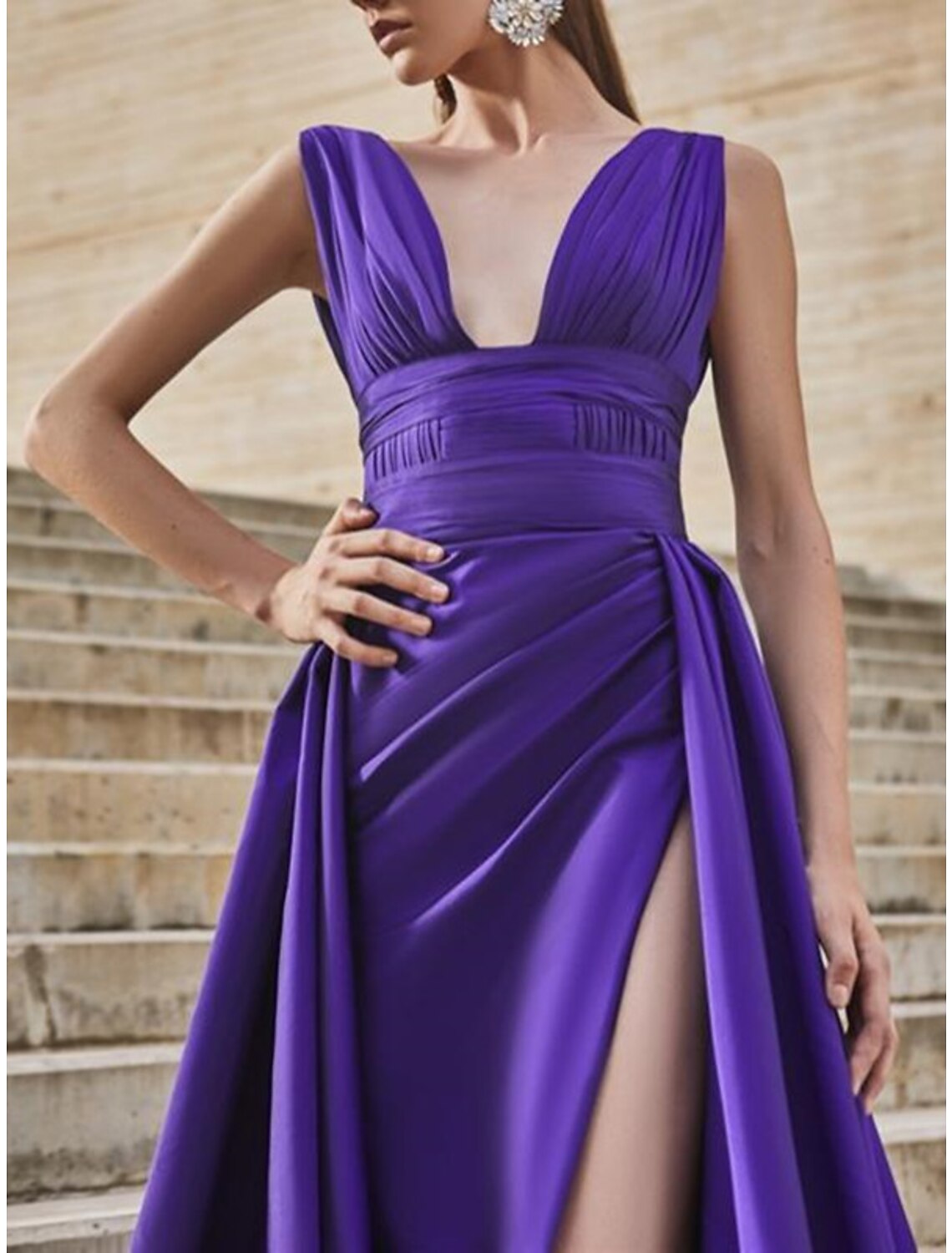 A-Line Celebrity Style Minimalist Elegant Engagement Prom Dress V Neck Sleeveless Court Train Satin with Slit Overskirt