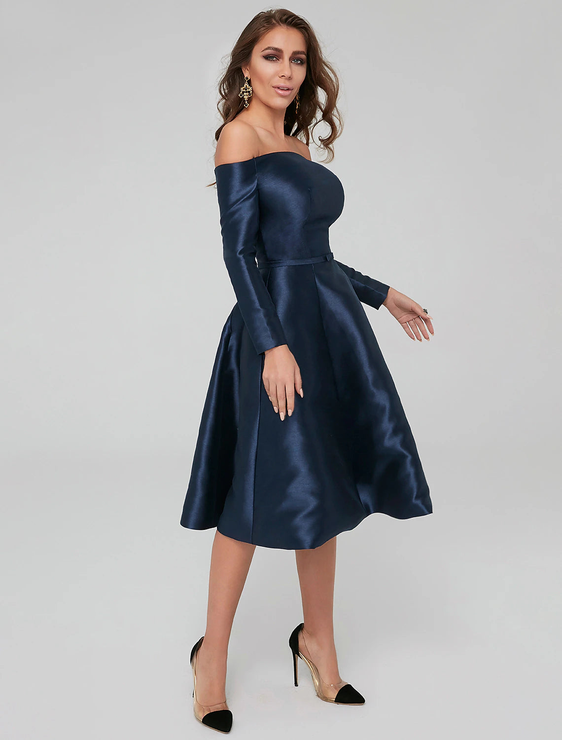 A-Line Special Occasion Dresses Party Dress Wedding Guest Knee Length Long Sleeve Off Shoulder Satin with Pleats
